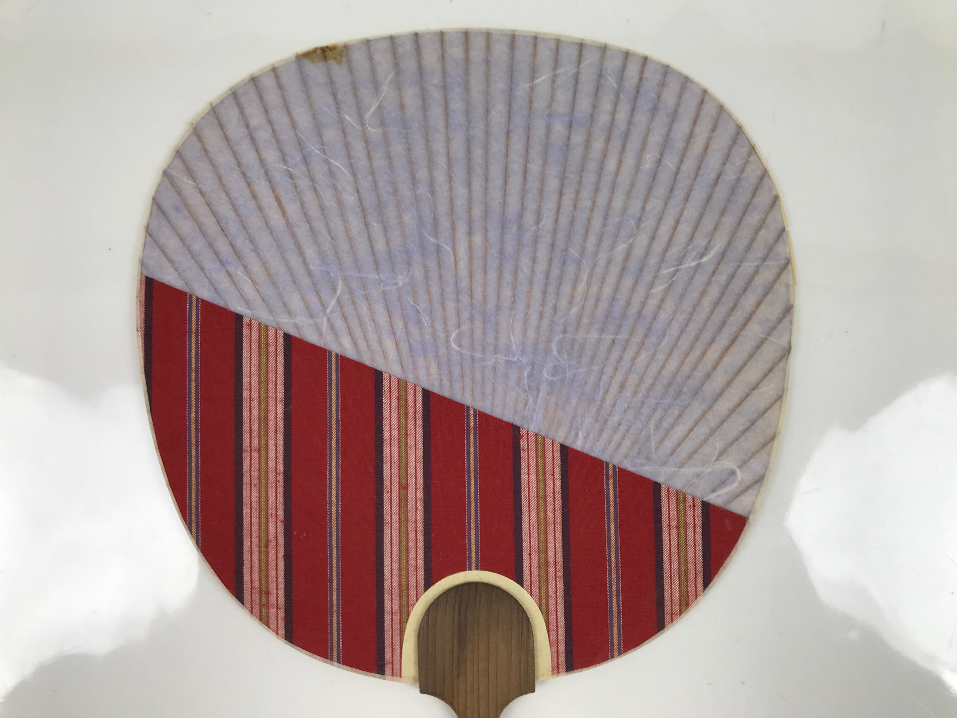 Japanese Washi Paper Fan Uchiwa Vtg Wooden Handle Fabric Purple Red Stripe U164