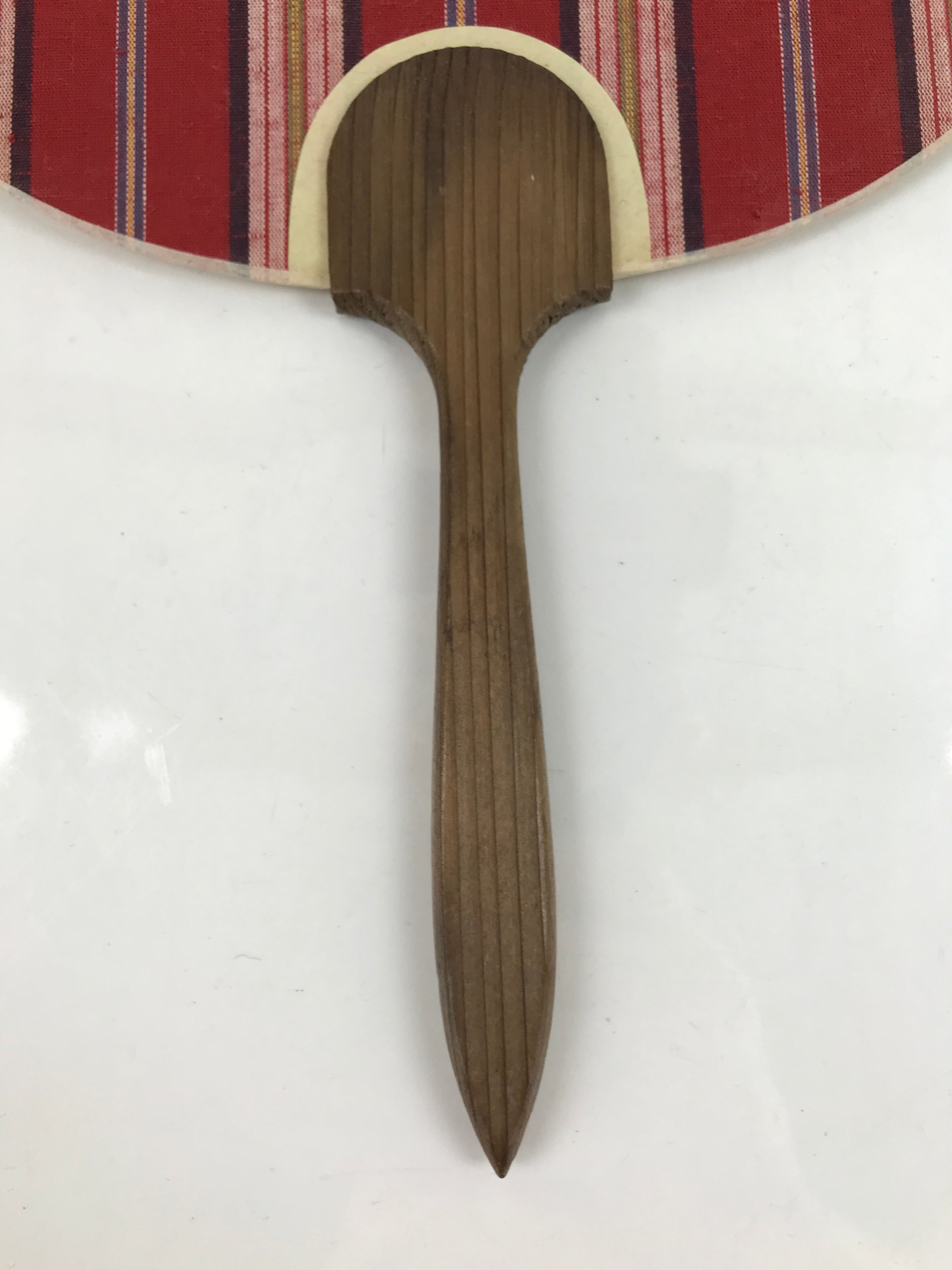 Japanese Washi Paper Fan Uchiwa Vtg Wooden Handle Fabric Purple Red Stripe U164