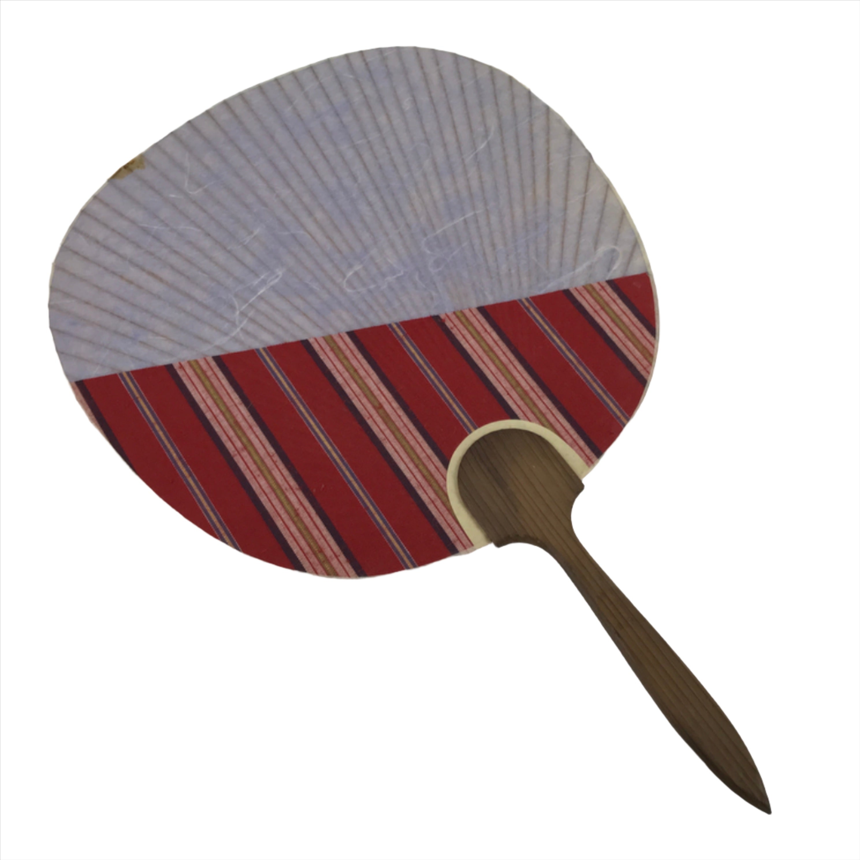 Japanese Washi Paper Fan Uchiwa Vtg Wooden Handle Fabric Purple Red Stripe U164