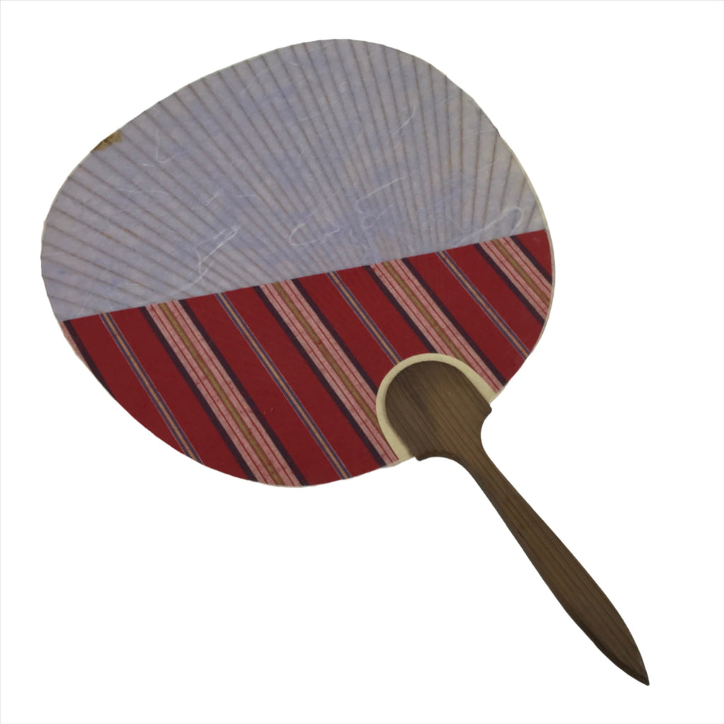 Japanese Washi Paper Fan Uchiwa Vtg Wooden Handle Fabric Purple Red Stripe U164