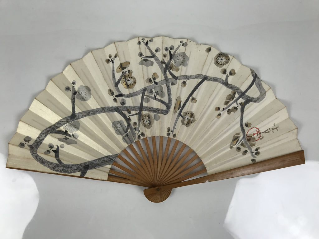 Japanese Washi Paper Folding Fan Sensu Vtg Plum Blossoms Gold Bamboo Frame 5D1