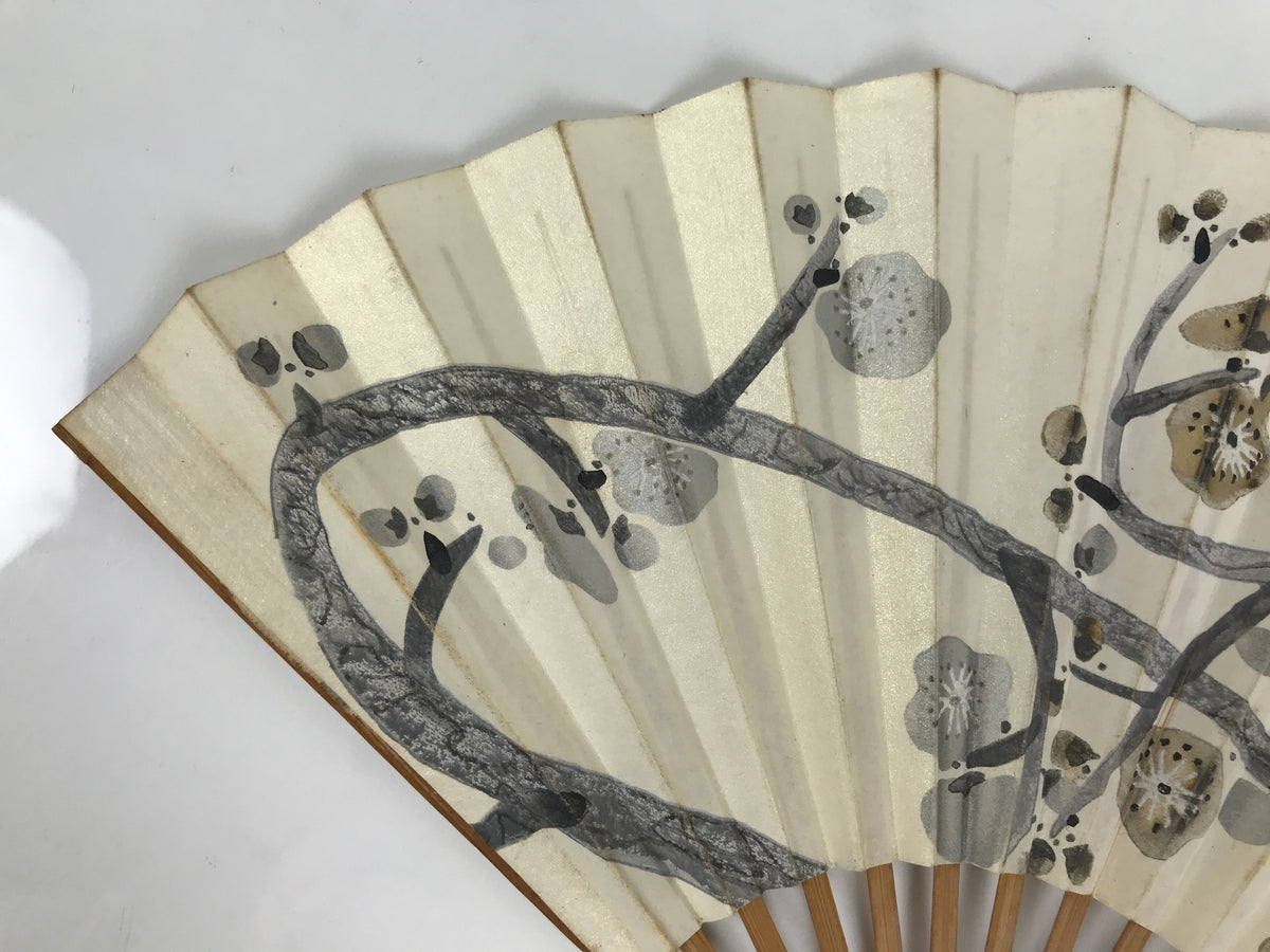 Japanese Washi Paper Folding Fan Sensu Vtg Plum Blossoms Gold Bamboo Frame 5D1