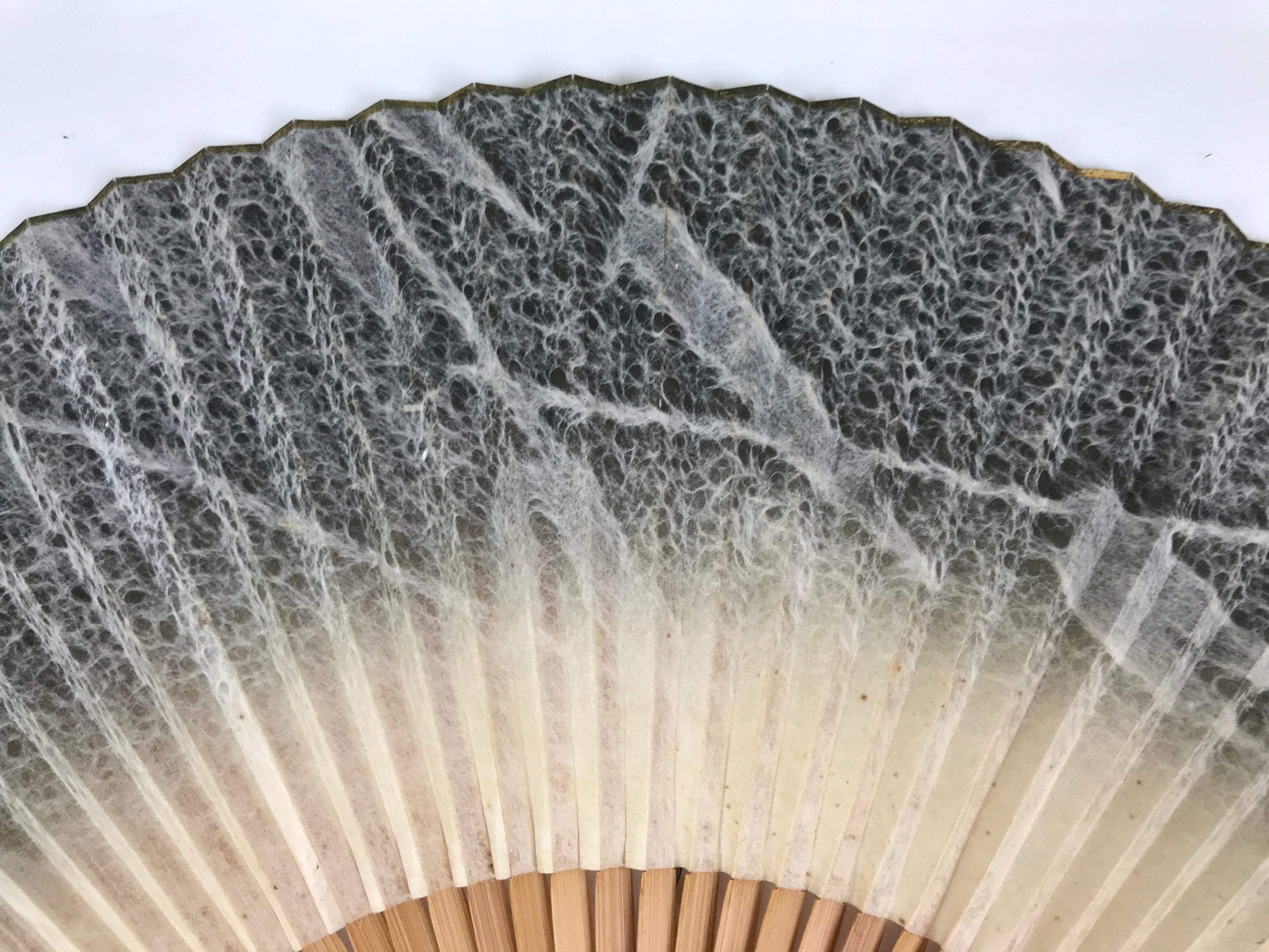 Japanese Washi Paper Folding Fan Vtg Sensu Bamboo Frame Black Beige Leaf 4D983
