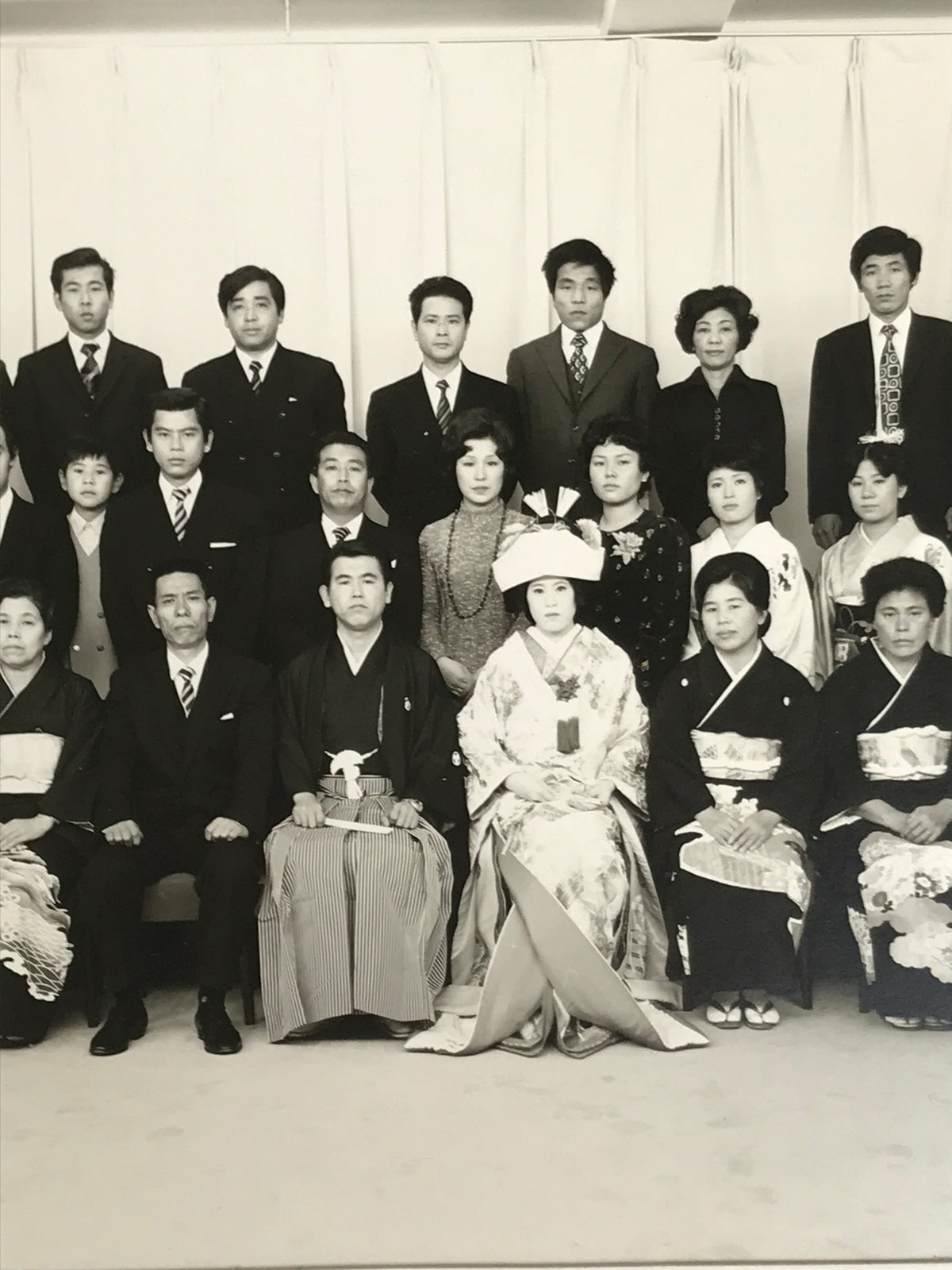 Japanese Wedding Photograph Vtg Kimono Bride Groom Family Showa Black White PH3