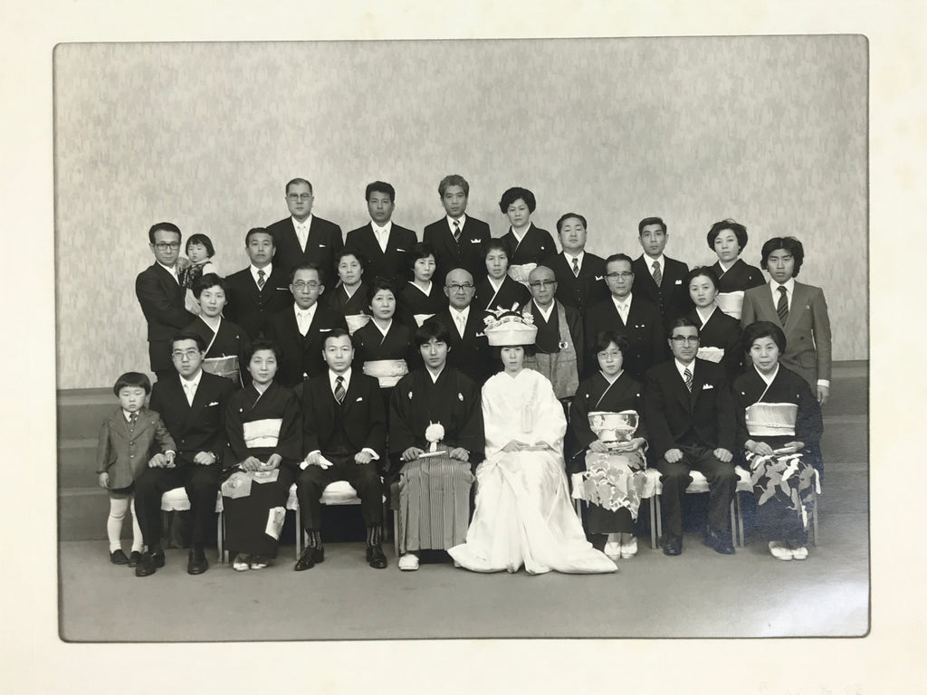 Japanese Wedding Photograph Vtg Kimono Bride Groom Family Showa Black White PH4