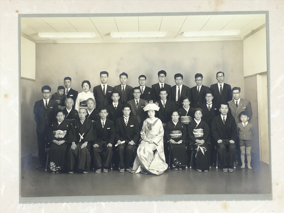Japanese Wedding Photograph Vtg Kimono Bride Groom Family Showa Black White PH8