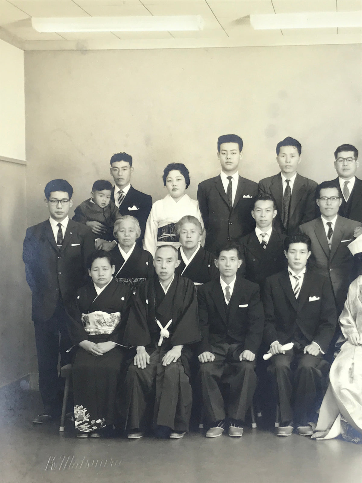 Japanese Wedding Photograph Vtg Kimono Bride Groom Family Showa Black White PH8
