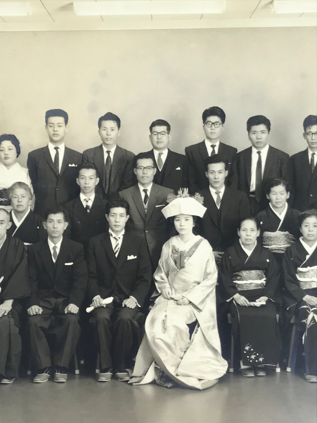 Japanese Wedding Photograph Vtg Kimono Bride Groom Family Showa Black White PH8