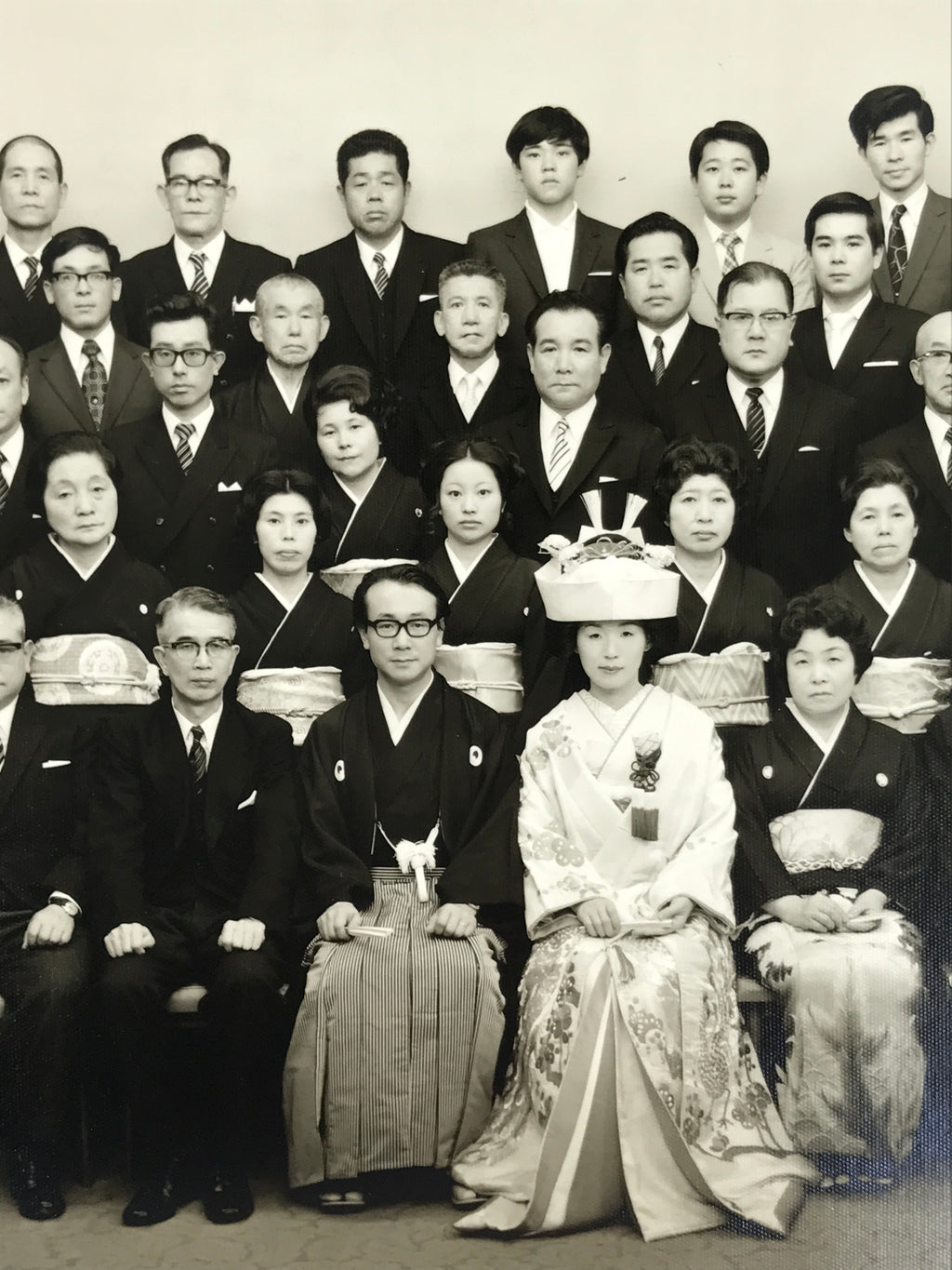 Japanese Wedding Photograph Vtg Kimono Bride Groom Family Showa Black White PH9