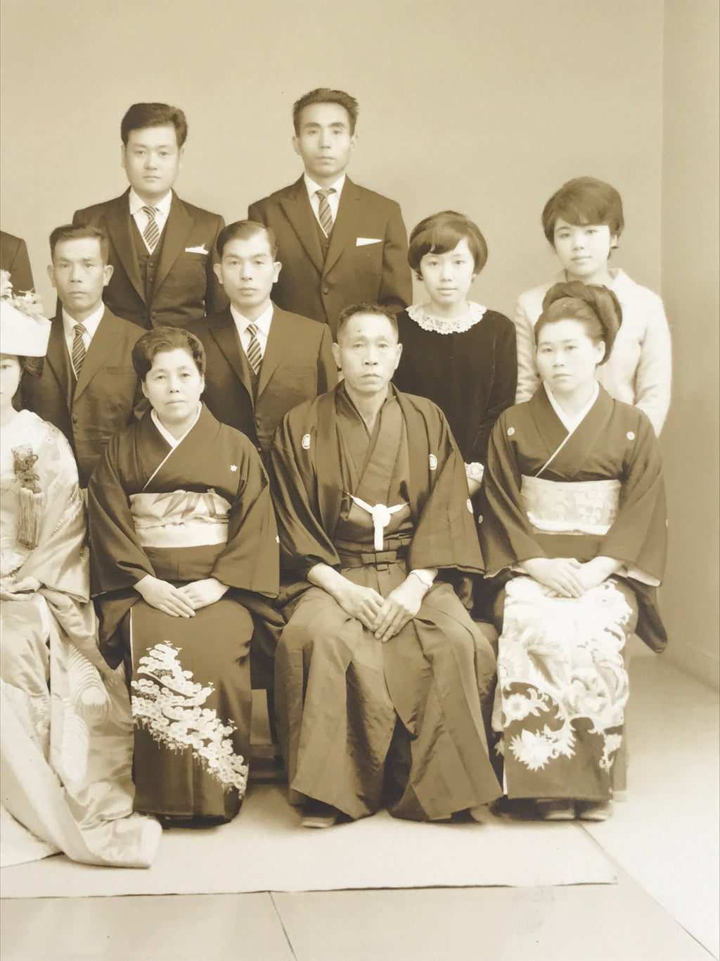 Japanese Wedding Photograph Vtg Kimono Bride Groom Family Showa Sepia Tone PH12