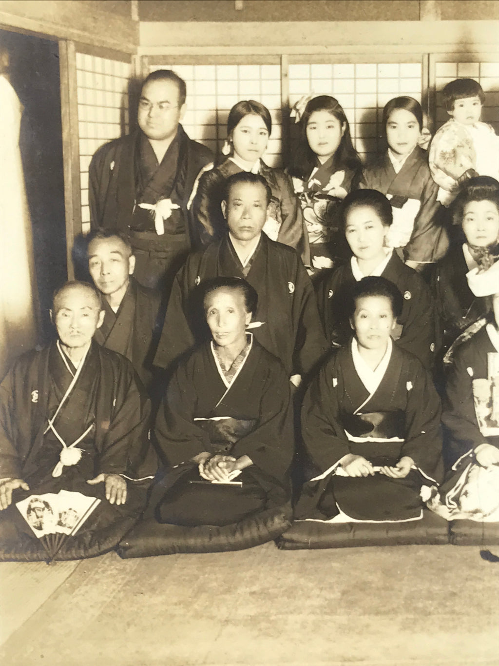 Japanese Wedding Photograph Vtg Kimono Bride Groom Family Showa Sepia Tone PH14