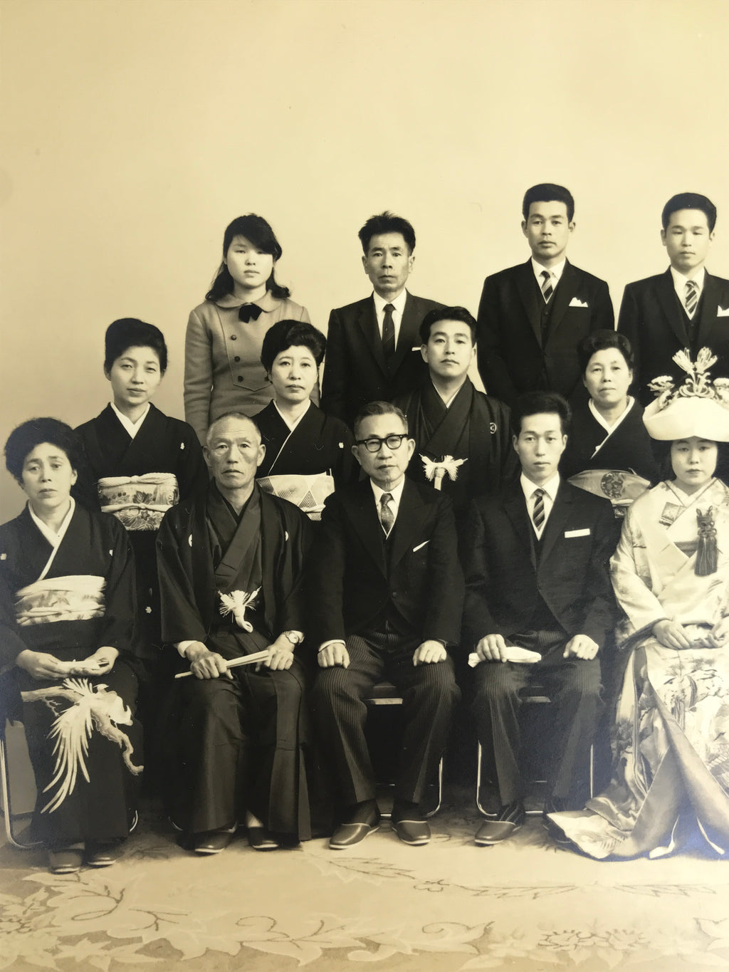 Japanese Wedding Photograph Vtg Kimono Bride Groom Family Showa Sepia Tone PH5