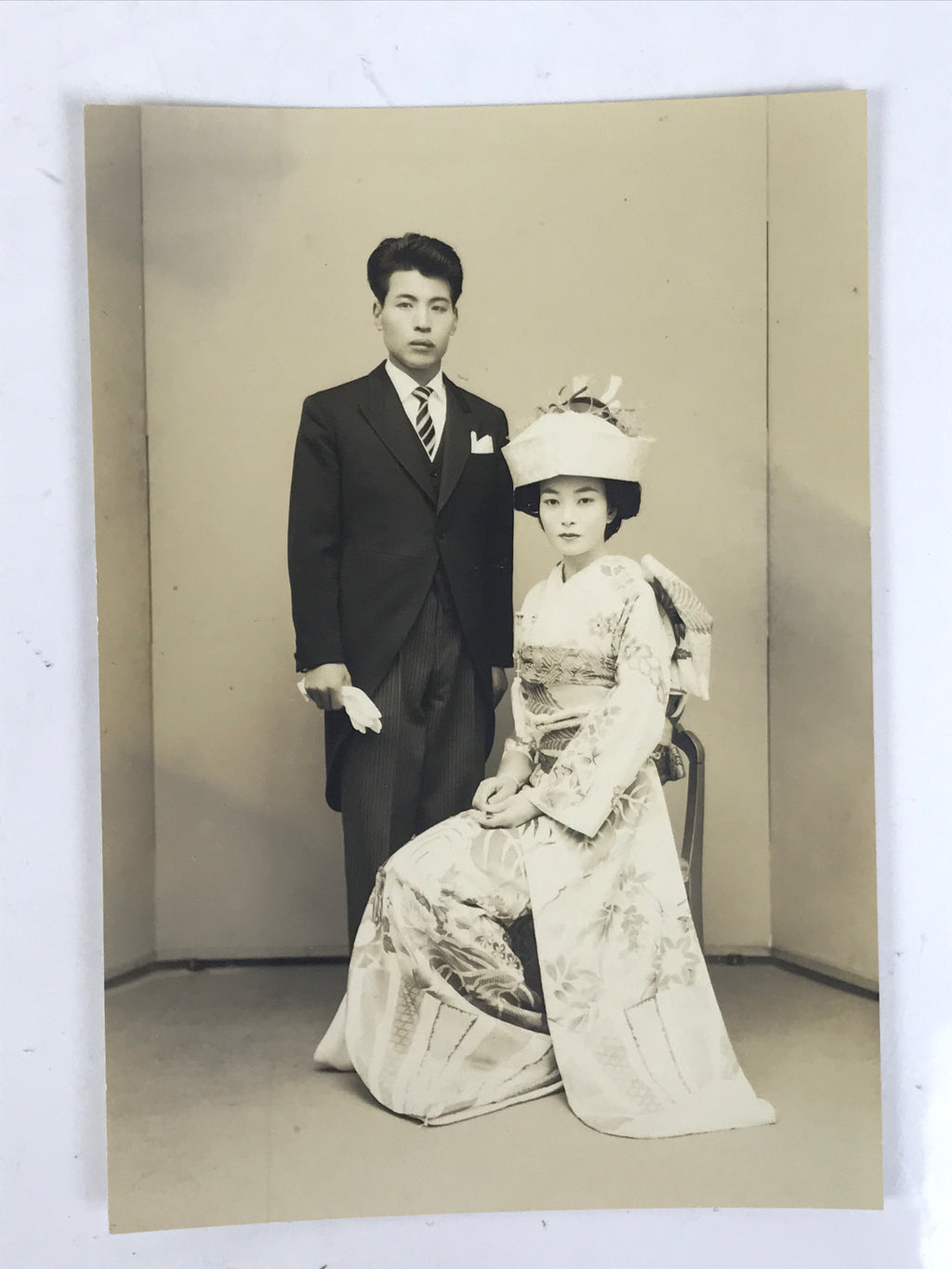 Japanese Wedding Photograph Vtg Traditional Kimono Bride Groom Sepia Tone PH113