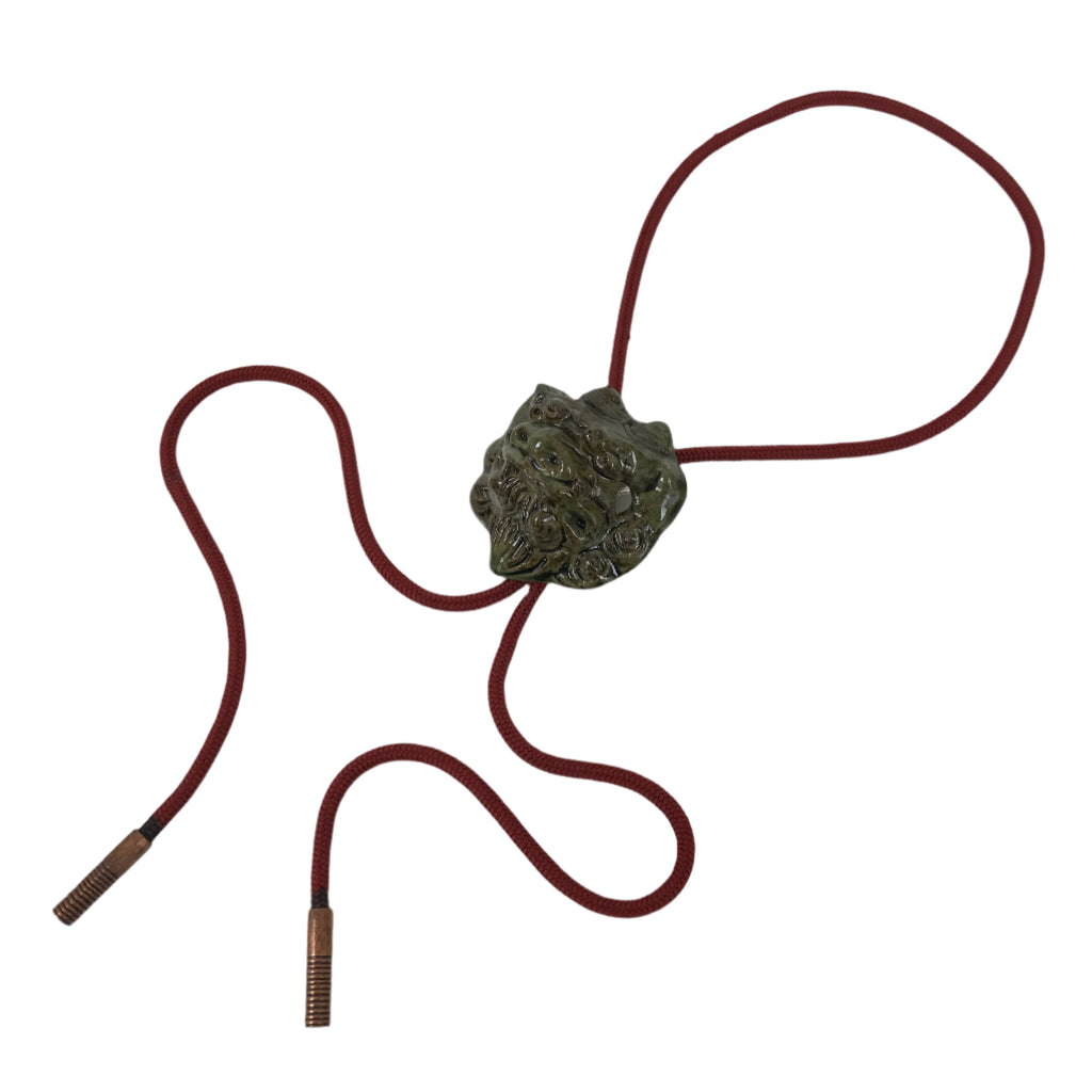 Japanese Western Bolo Loop Tie Vtg Ceramic Shishi Lion Slide Metal Tip Red JK889