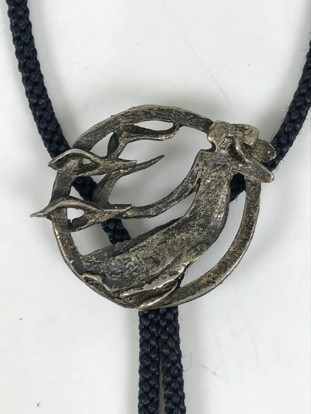 Japanese Western Bolo Loop Tie Vtg Woman Birds Slide Metal Tips Black JK888