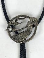 Japanese Western Bolo Loop Tie Vtg Woman Birds Slide Metal Tips Black JK888