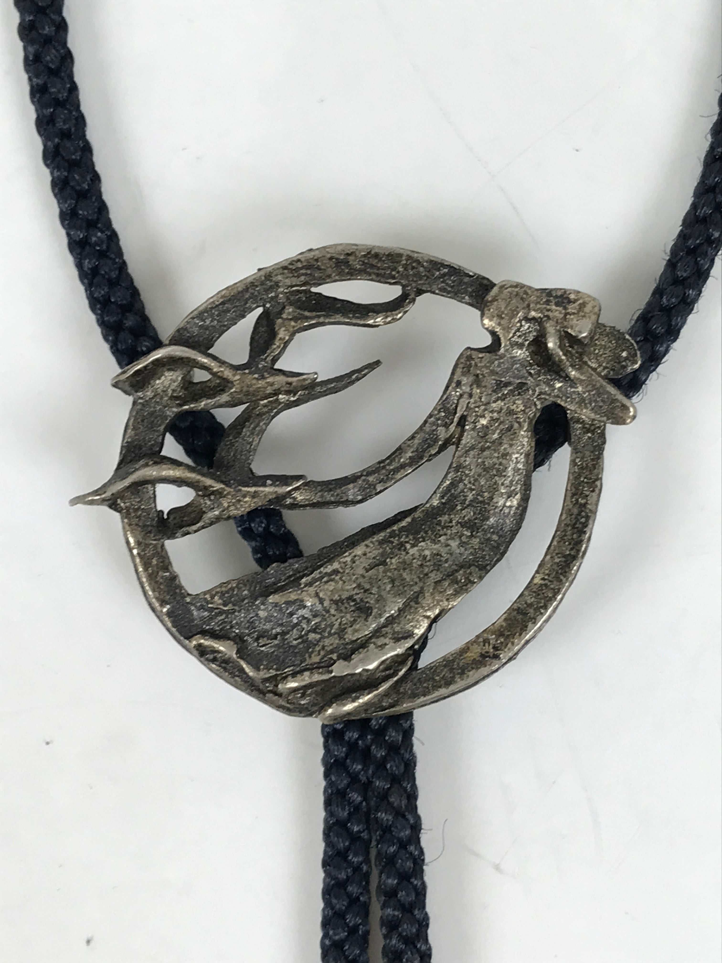 Japanese Western Bolo Loop Tie Vtg Woman Birds Slide Metal Tips Black JK888