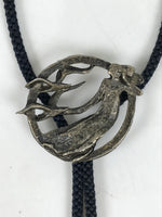 Japanese Western Bolo Loop Tie Vtg Woman Birds Slide Metal Tips Black JK888