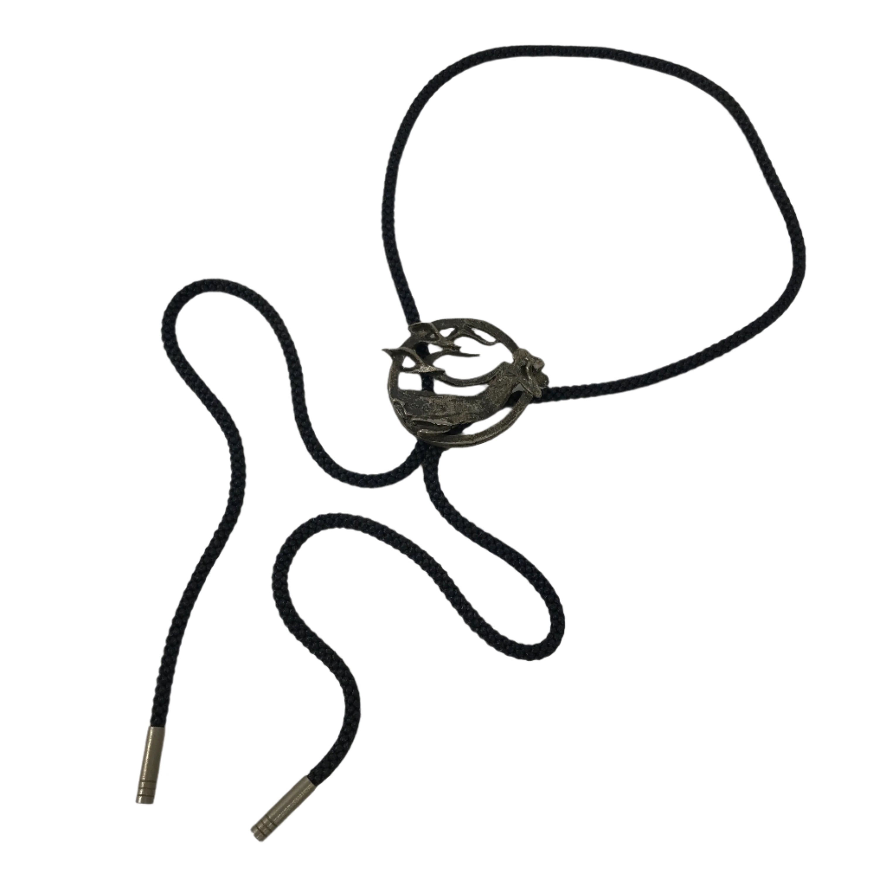 Japanese Western Bolo Loop Tie Vtg Woman Birds Slide Metal Tips Black JK888