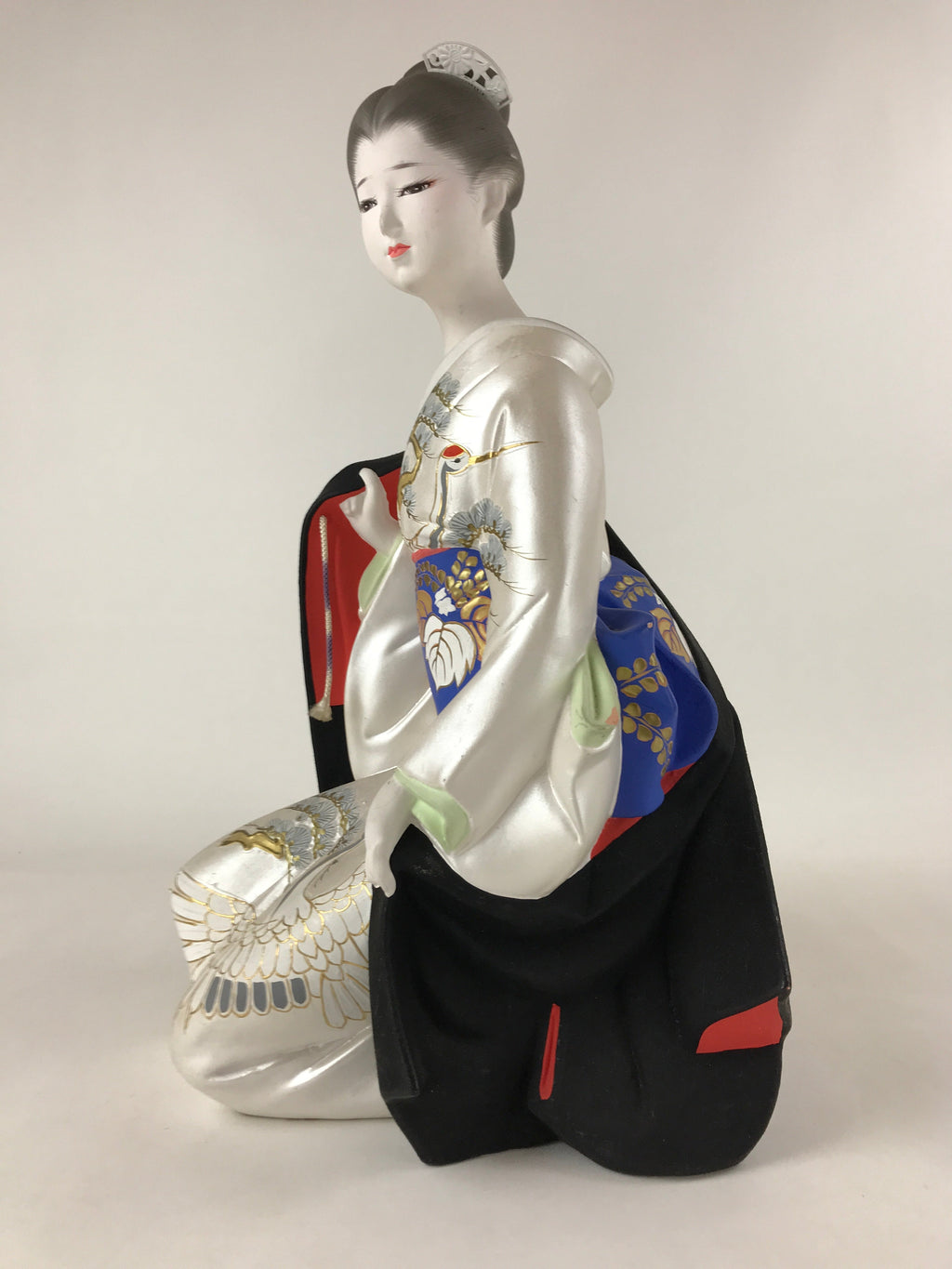 Japanese Woman Wearing Kimono Clay Statue Doll White Blue Hakata Ningyo BD949