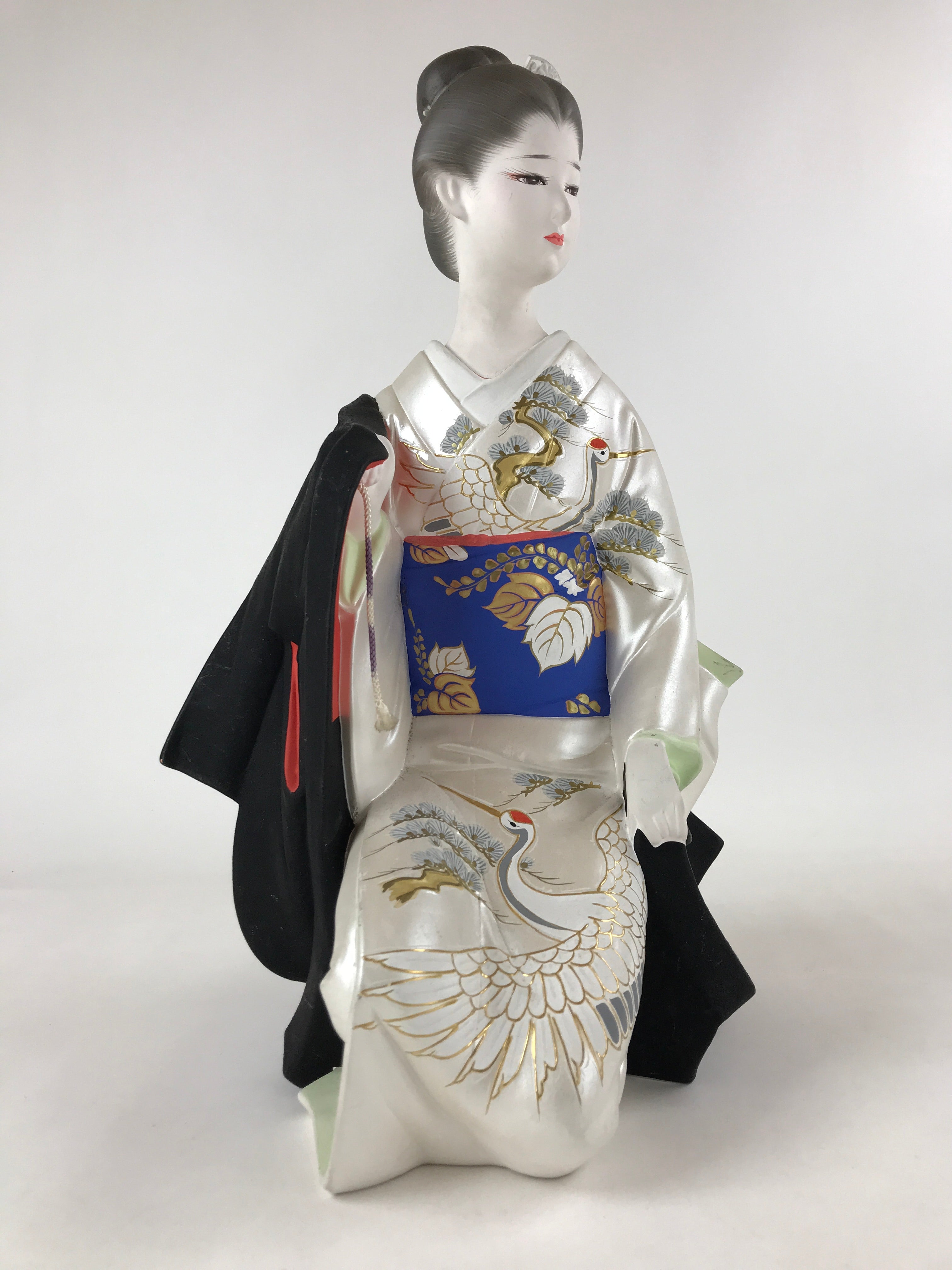 Japanese Woman Wearing Kimono Clay Statue Doll White Blue Hakata Ningyo BD949