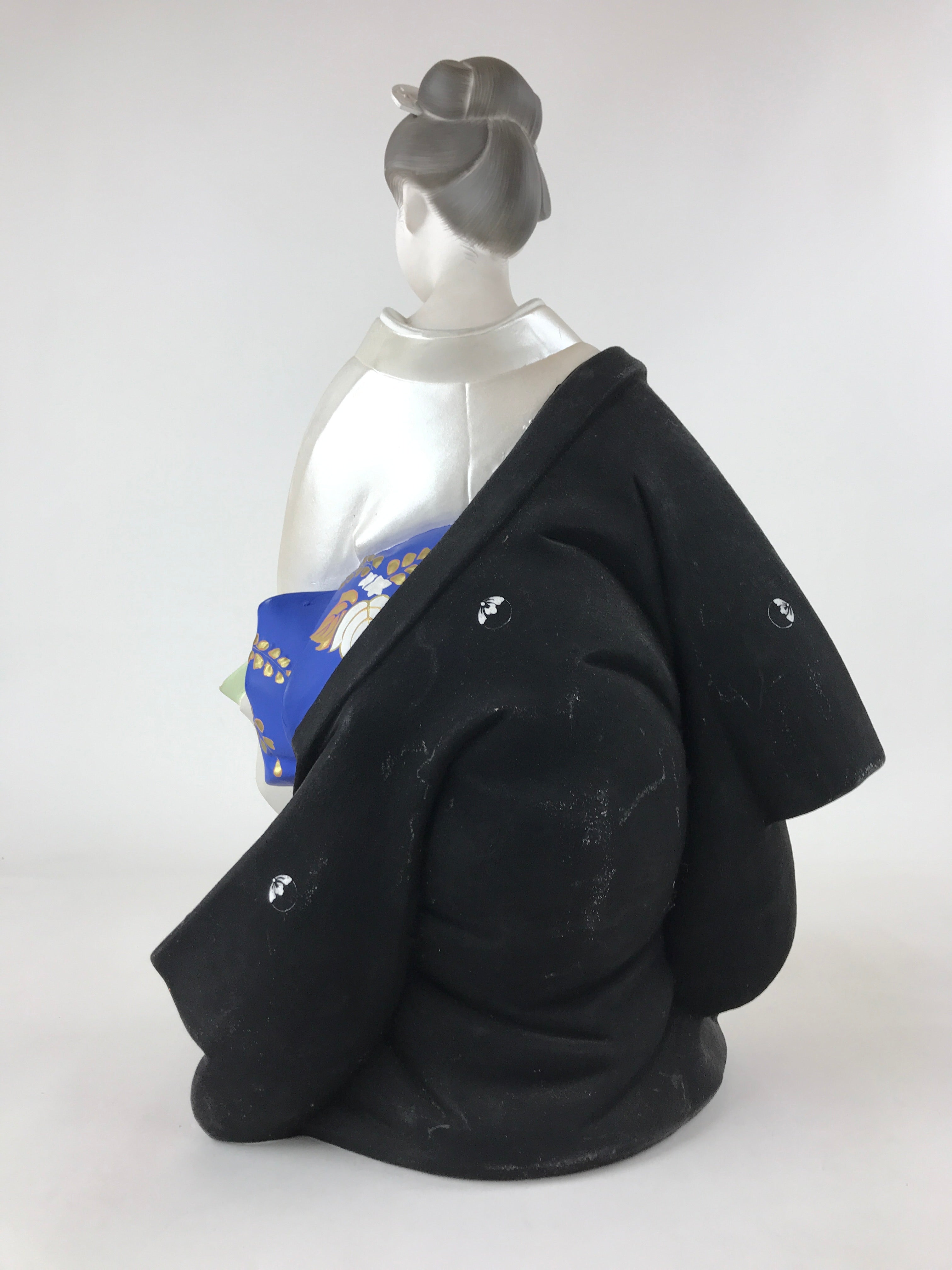 Japanese Woman Wearing Kimono Clay Statue Doll White Blue Hakata Ningyo BD949
