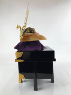 Japanese Wood Boxed Brass Kabuto Samurai Helmet Display Vtg Yoshitsune ID558