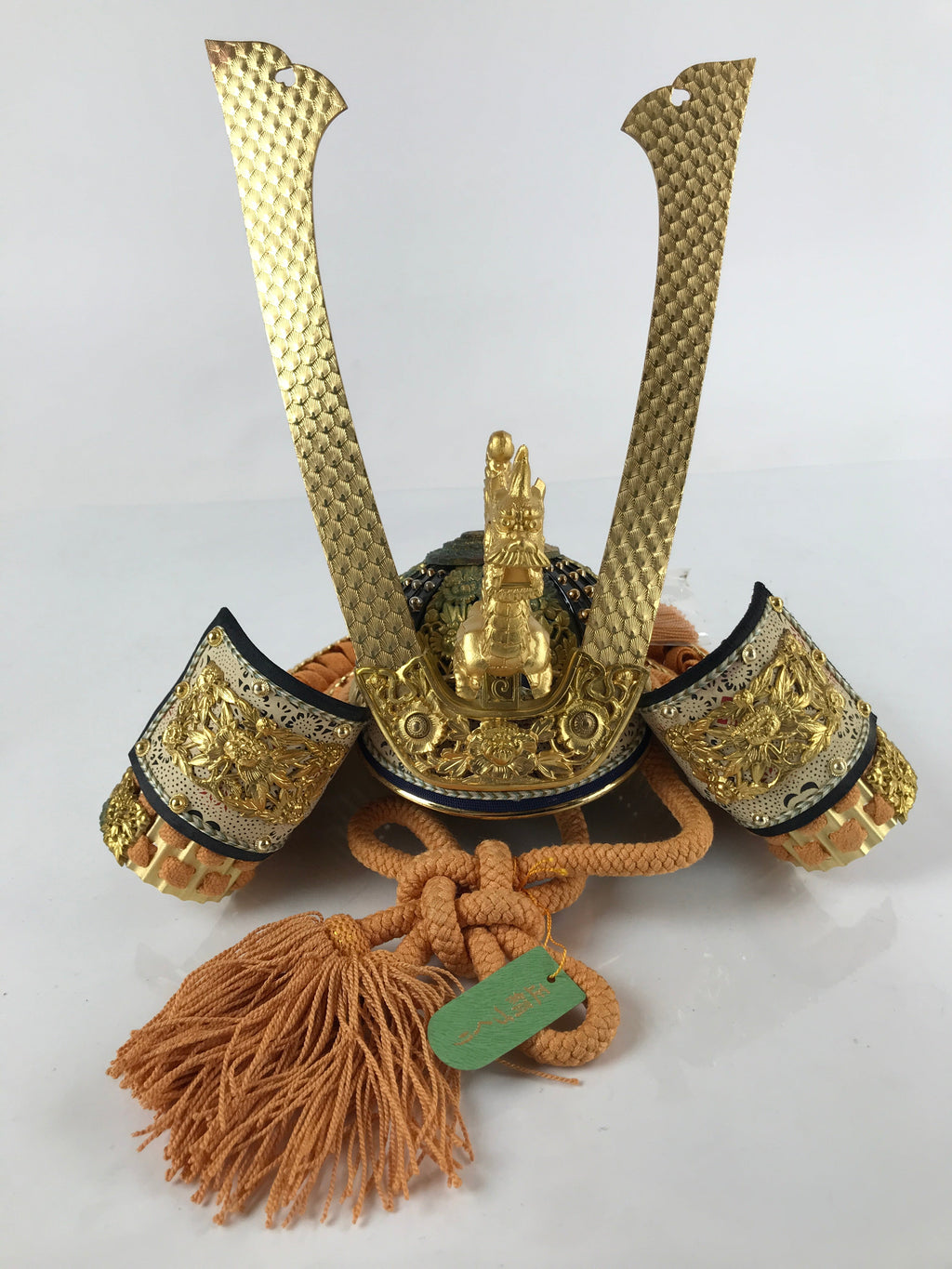 Japanese Wood Boxed Brass Kabuto Samurai Helmet Display Vtg Yoshitsune ID558