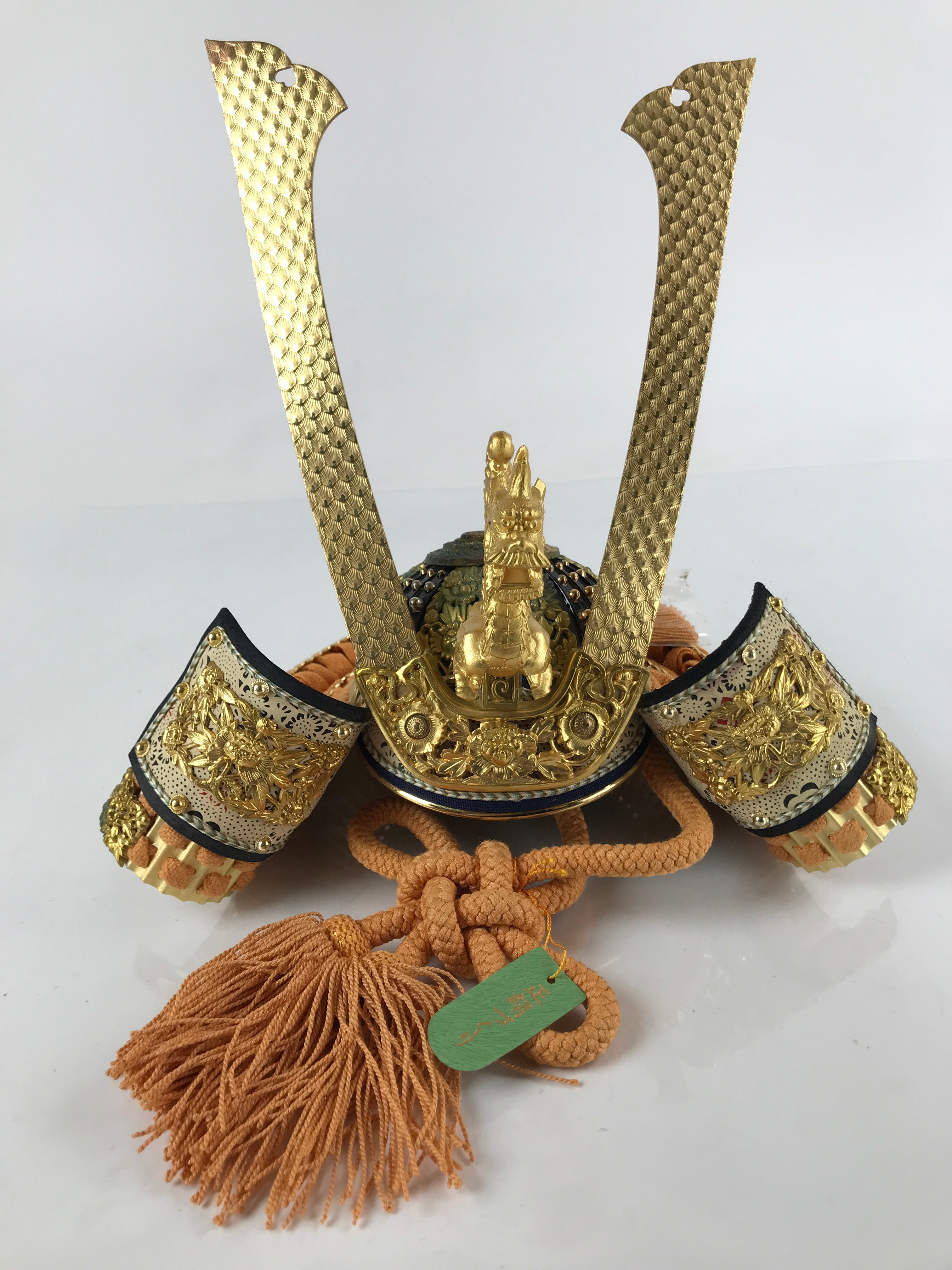Japanese Wood Boxed Brass Kabuto Samurai Helmet Display Vtg Yoshitsune ID558