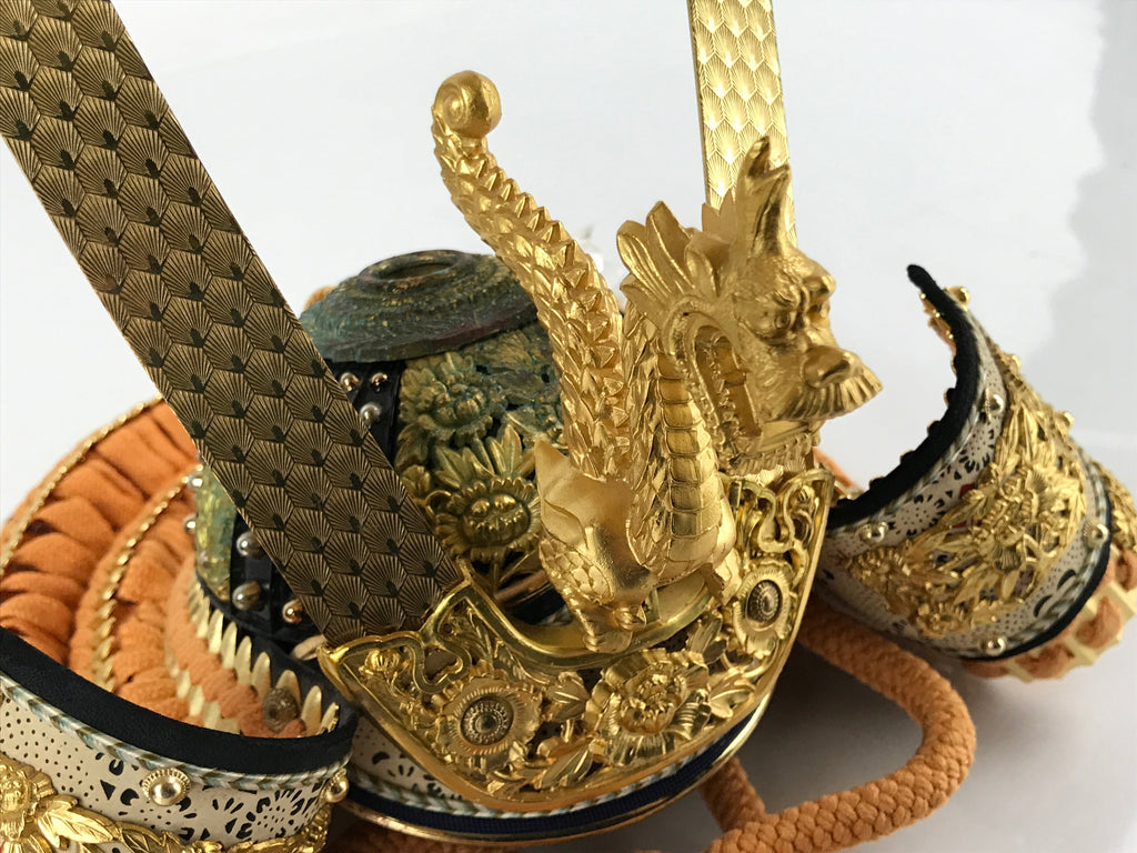 Japanese Wood Boxed Brass Kabuto Samurai Helmet Display Vtg Yoshitsune ID558