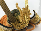Japanese Wood Boxed Brass Kabuto Samurai Helmet Display Vtg Yoshitsune ID558