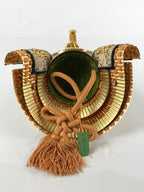 Japanese Wood Boxed Brass Kabuto Samurai Helmet Display Vtg Yoshitsune ID558
