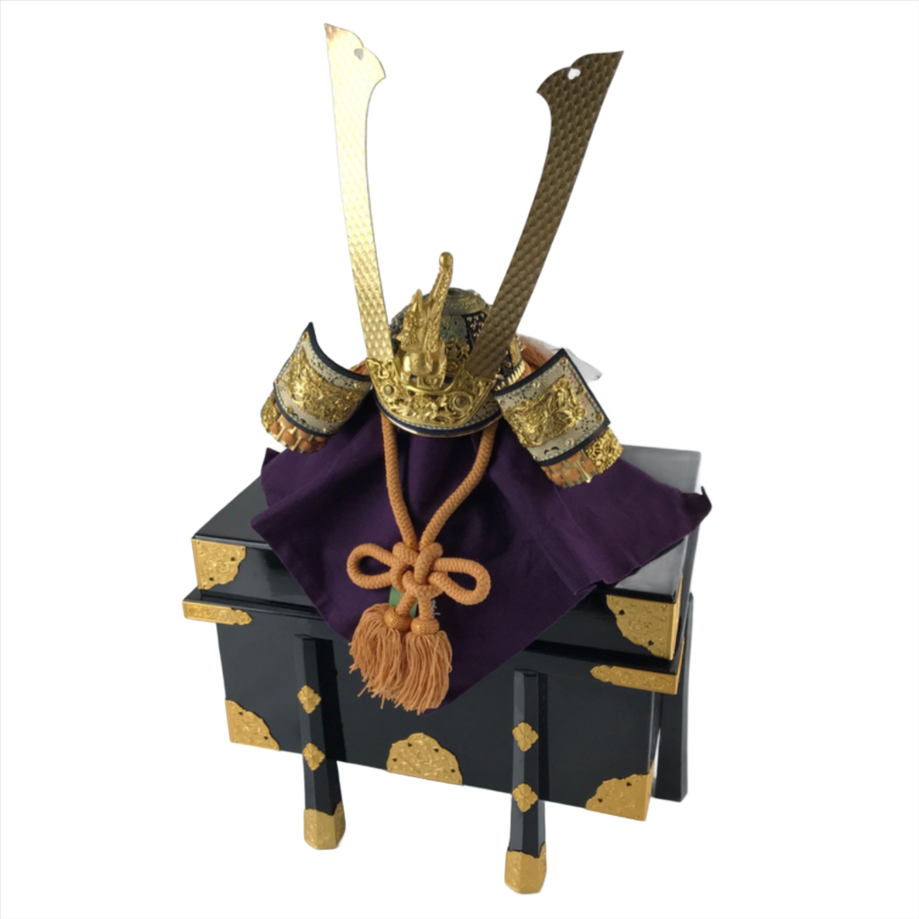 Japanese Wood Boxed Brass Kabuto Samurai Helmet Display Vtg Yoshitsune ID558