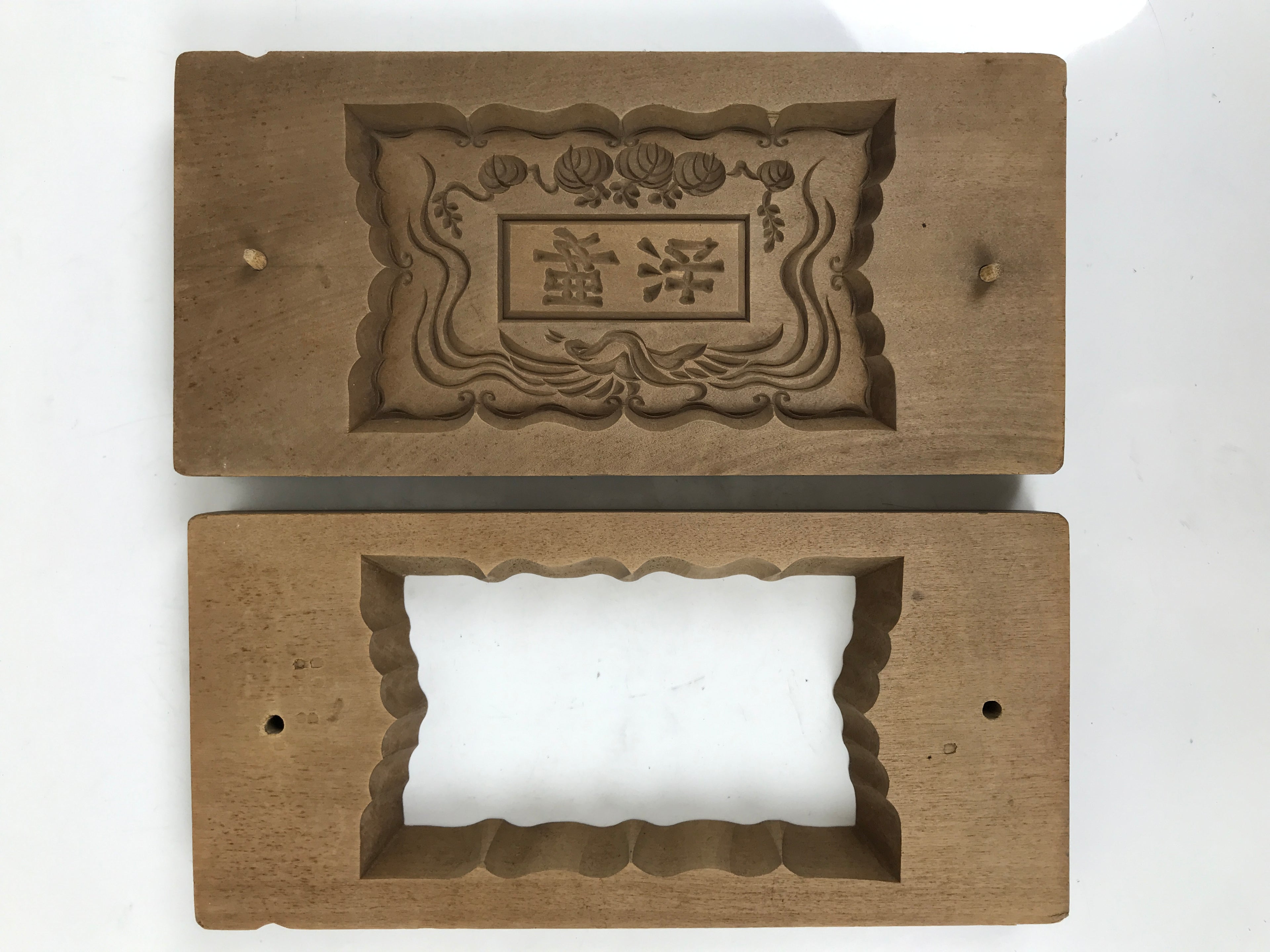 Japanese Wood Carved Kashigata Cake Mold Sweet Wagashi Folk Kanji Frame Kg658