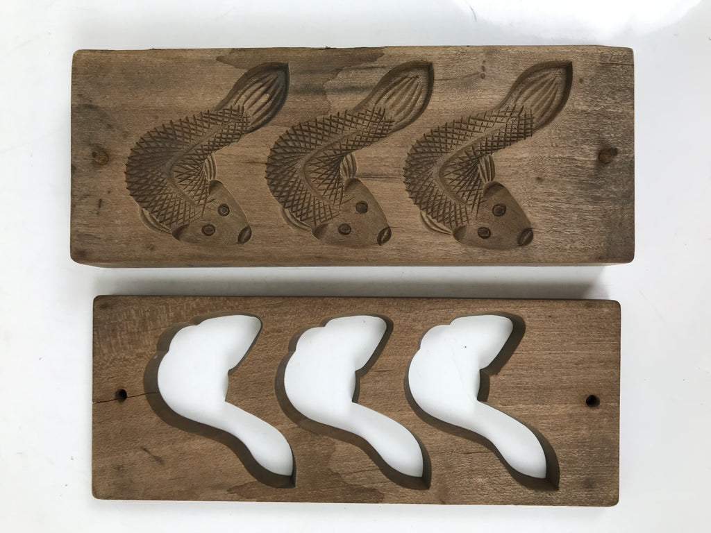 Japanese Wood Carved Kashigata Cake Mold Vtg Sweet Wagashi Goby Fish Haze Kg703