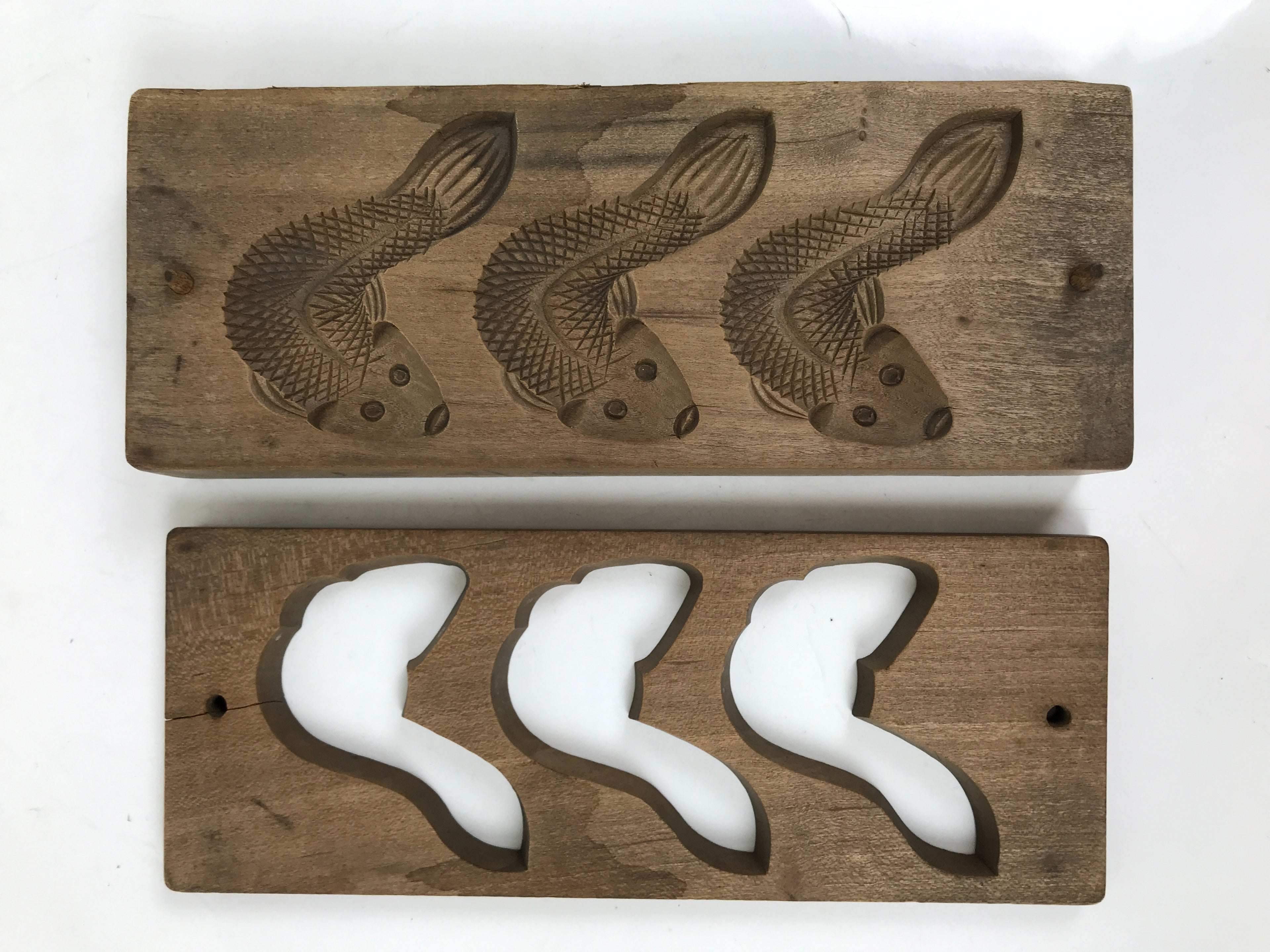 Japanese Wood Carved Kashigata Cake Mold Vtg Sweet Wagashi Goby Fish Haze Kg703