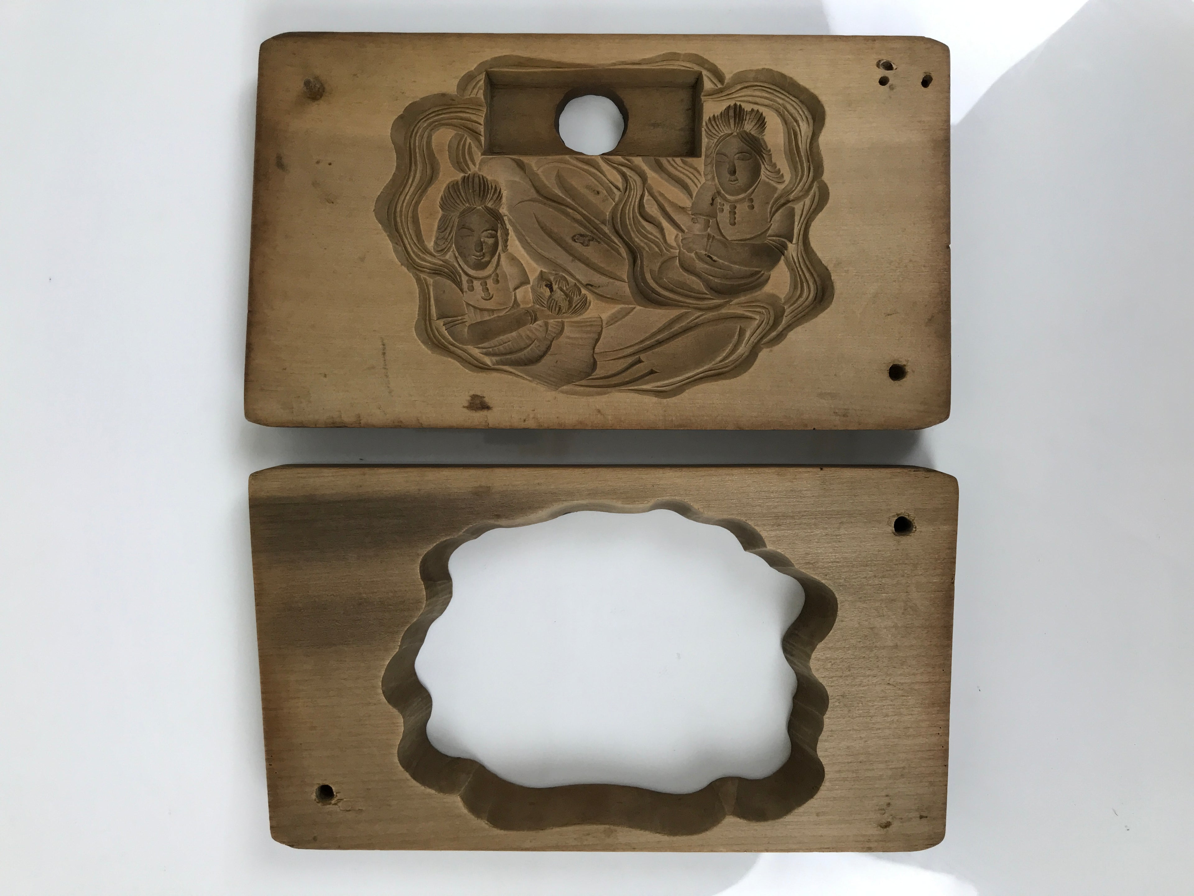 Japanese Wood Carved Kashigata Cake Mold Vtg Sweet Wagashi Heavenly Beings Kg761