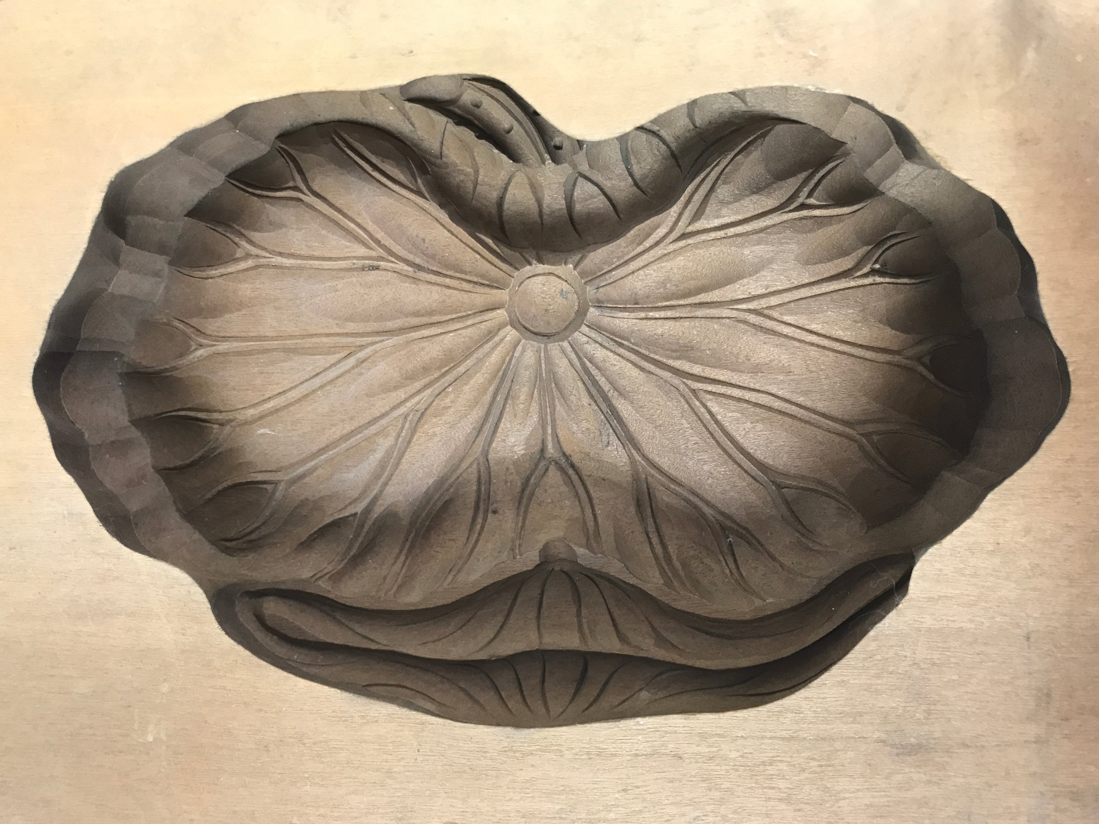 Japanese Wood Carved Kashigata Cake Mold Vtg Sweet Wagashi Lotus Leaf Kg576