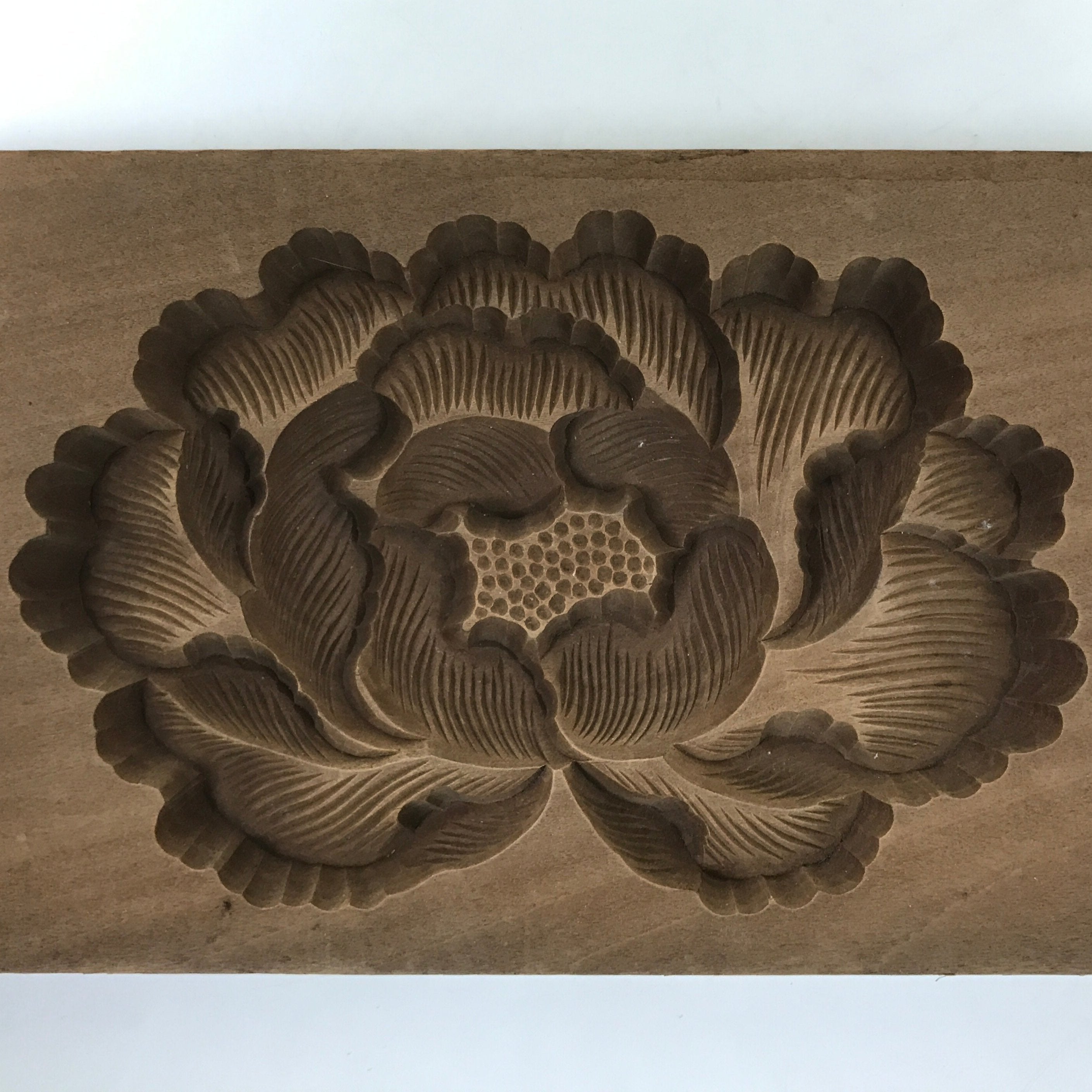 Japanese Wood Carved Kashigata Cake Mold Vtg Sweet Wagashi Peony Botan Kg546