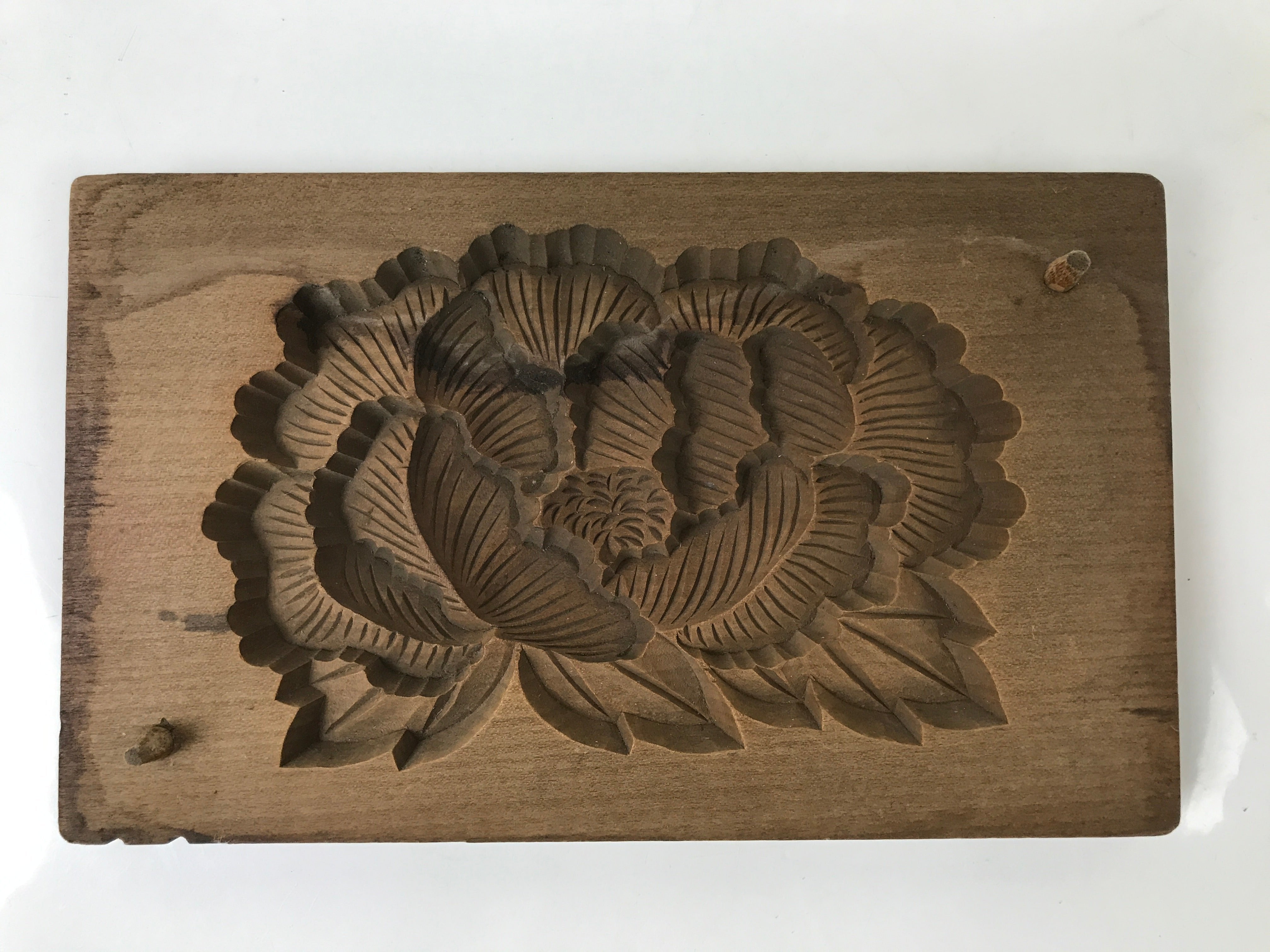 Japanese Wood Carved Kashigata Cake Mold Vtg Sweet Wagashi Peony Botan Kg550