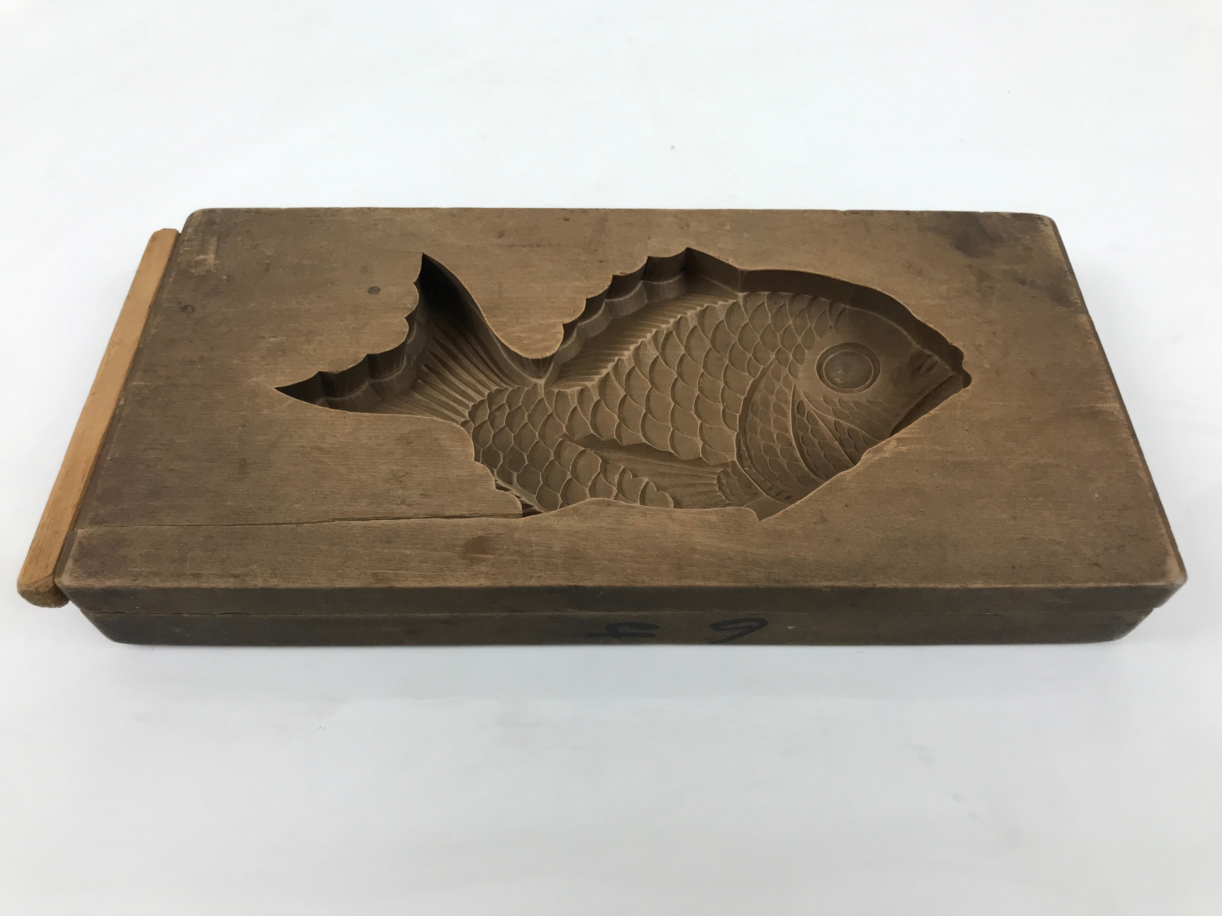 Japanese Wood Carved Kashigata Cake Mold Vtg Sweet Wagashi Tai Madai Fish Kg818