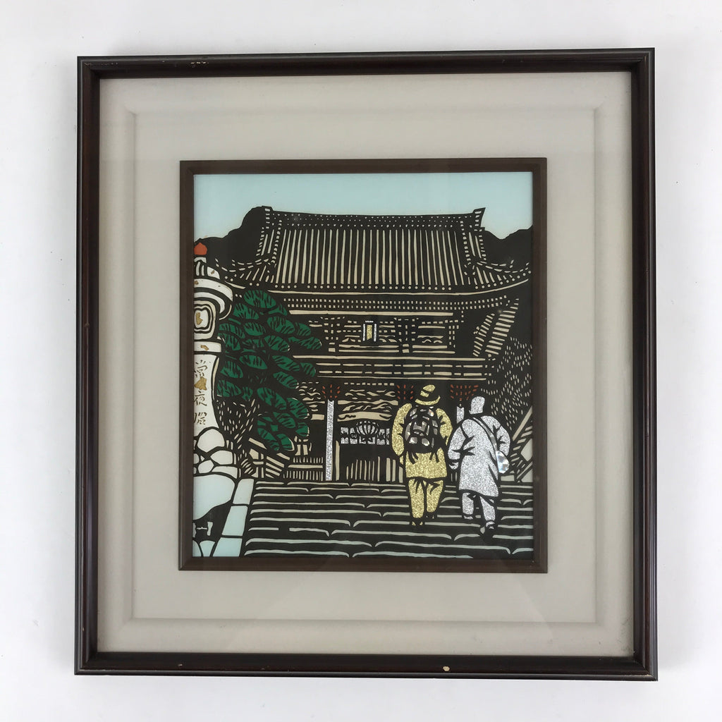 Japanese Wood Framed Katagami Vtg Kimono Stencil Hase Dera Temple Steps FR12