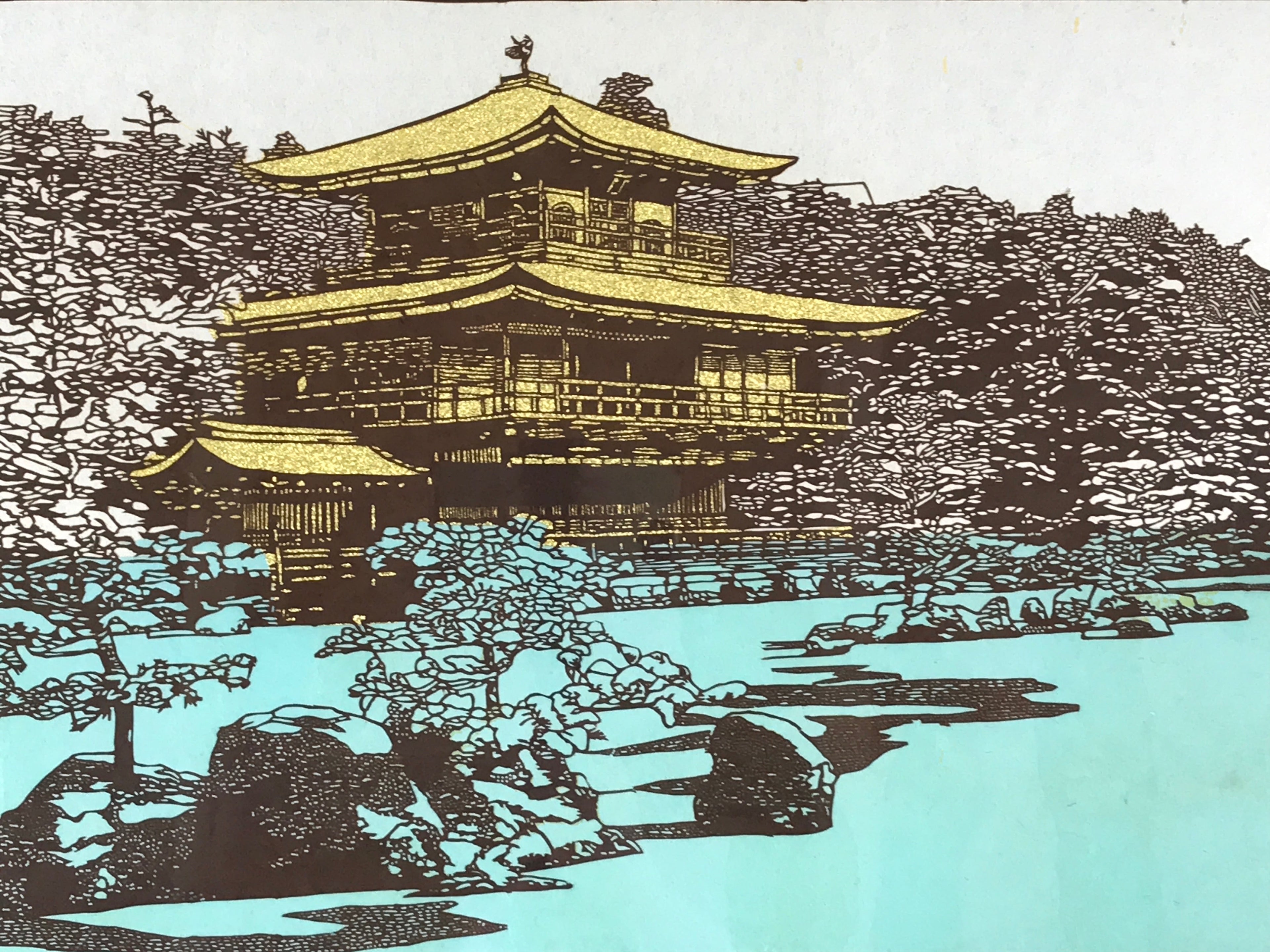 Japanese Wood Framed Katagami Vtg Kimono Stencil Kinkakuji Golden Temple FR17