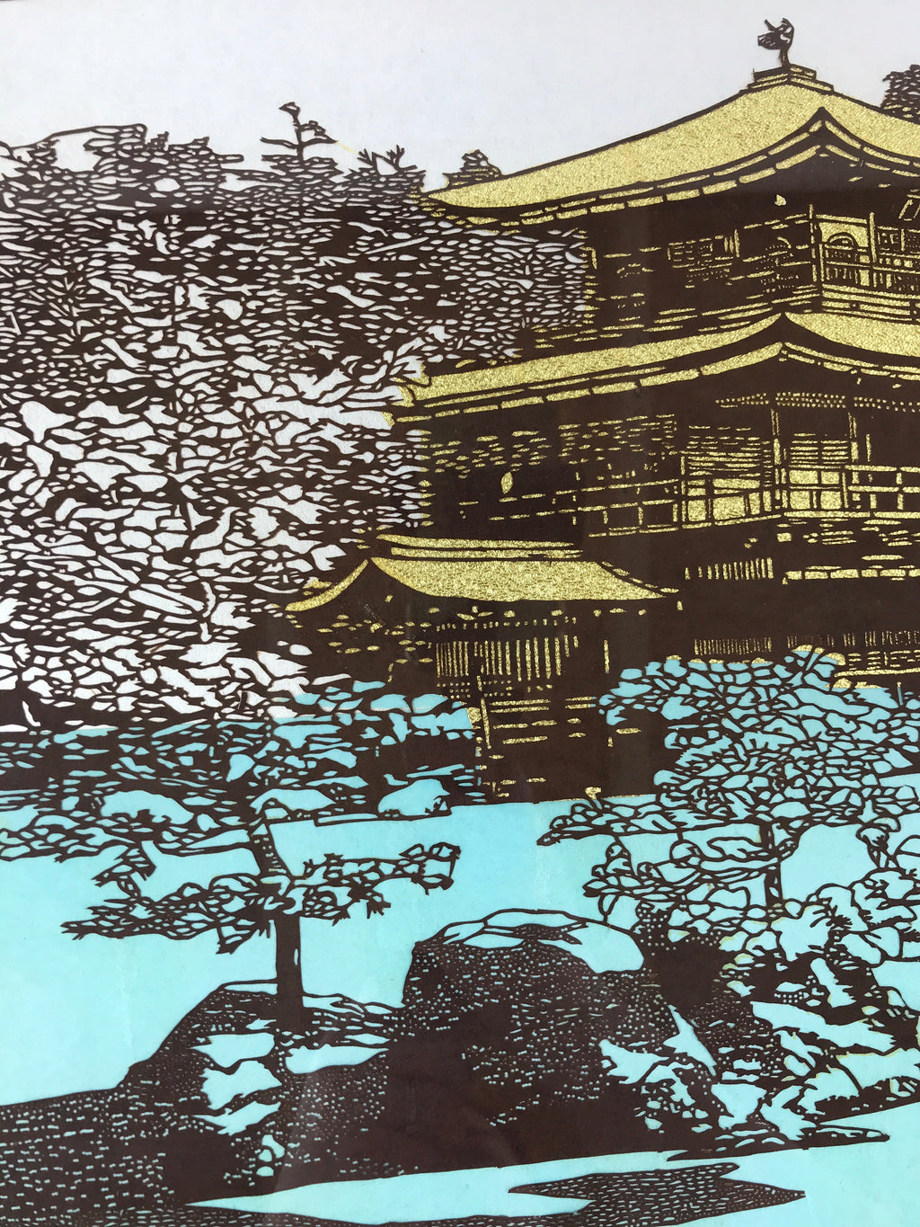 Japanese Wood Framed Katagami Vtg Kimono Stencil Kinkakuji Golden Temple FR17