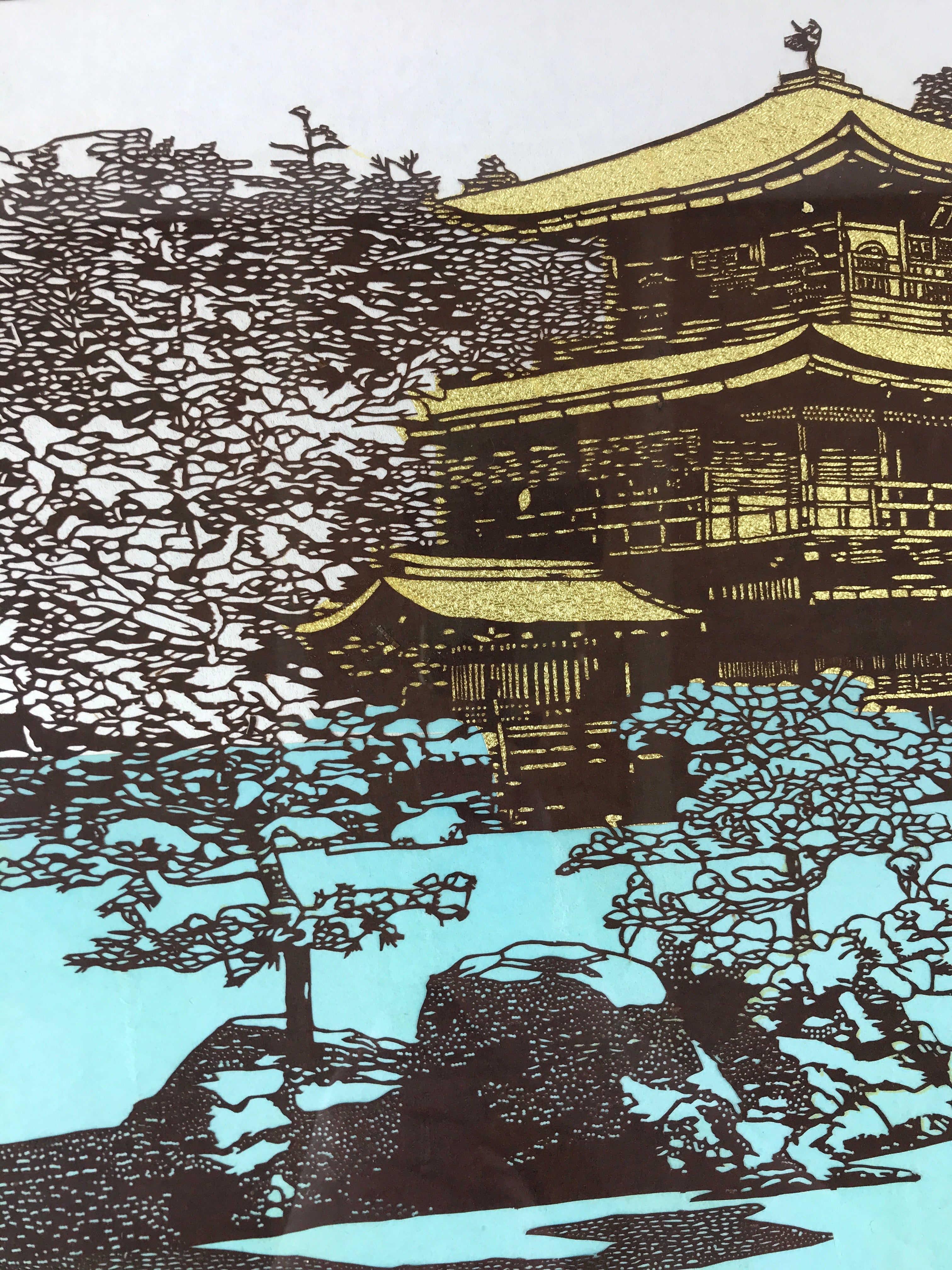 Japanese Wood Framed Katagami Vtg Kimono Stencil Kinkakuji Golden Temple FR17