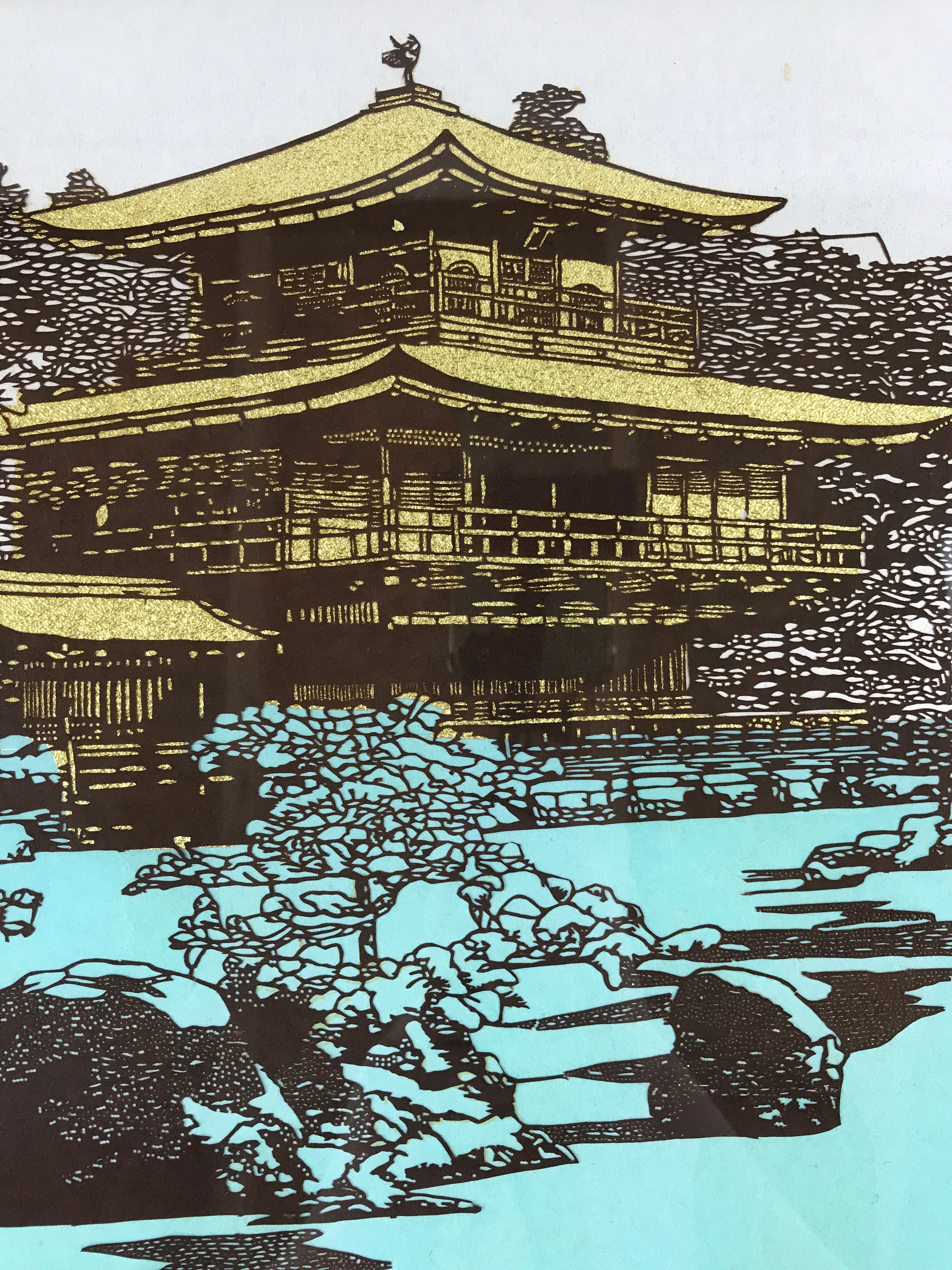 Japanese Wood Framed Katagami Vtg Kimono Stencil Kinkakuji Golden Temple FR17
