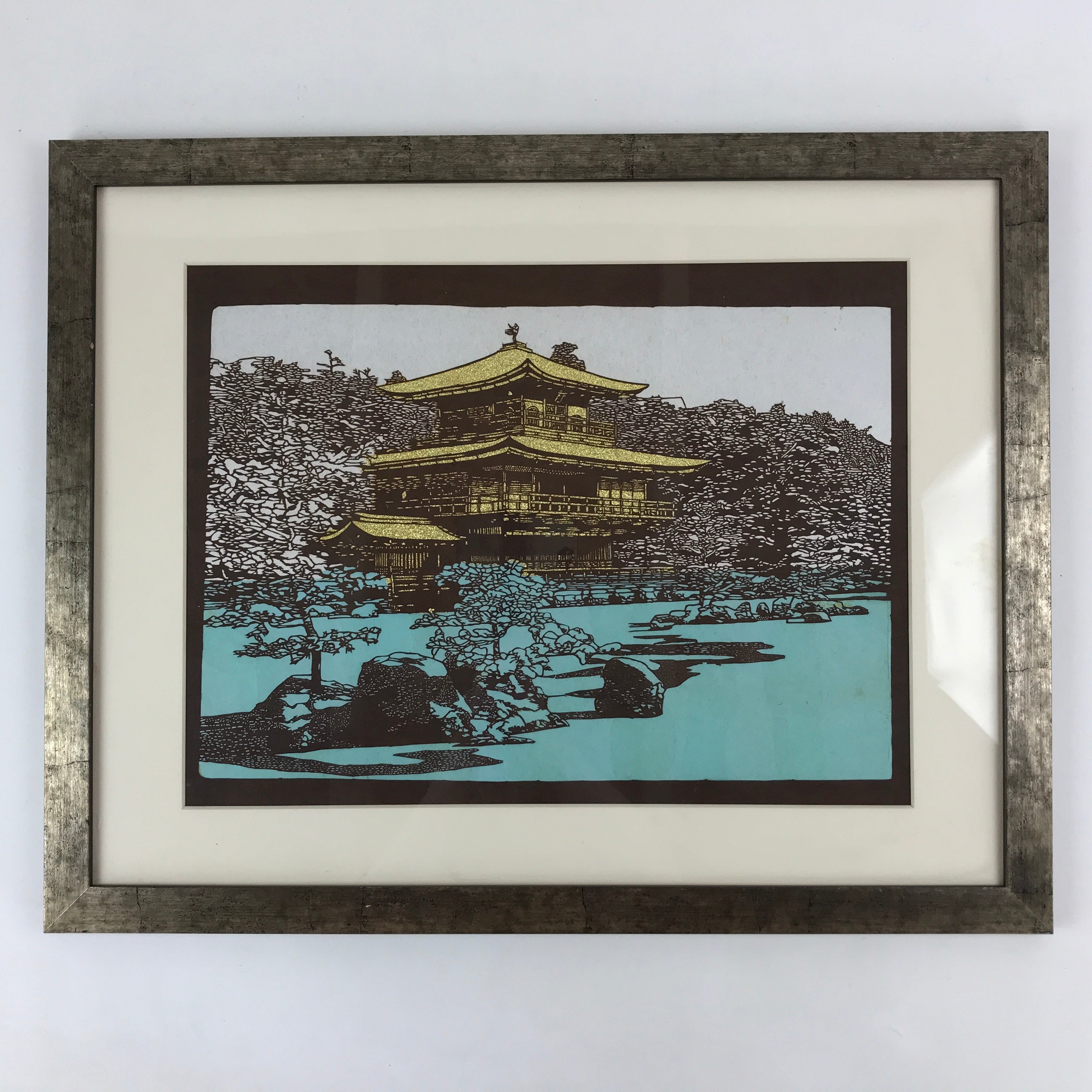 Japanese Wood Framed Katagami Vtg Kimono Stencil Kinkakuji Golden Temple FR17