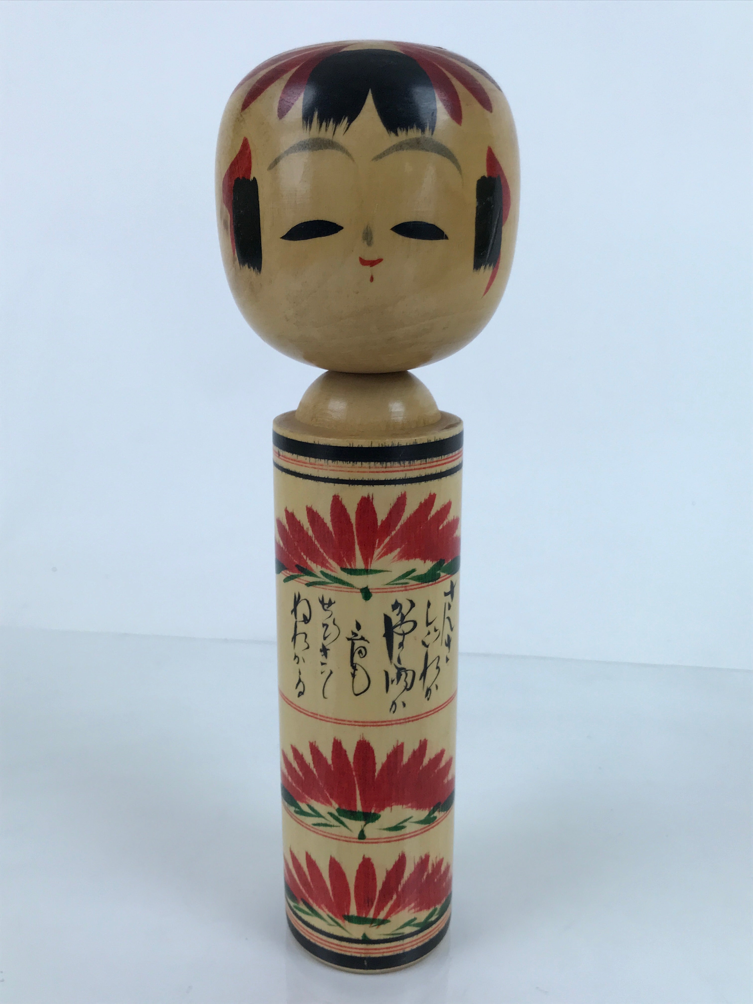 Japanese Wood Kokeshi Doll Figure Vtg Traditional Handmade Toy Red Flowers KF686