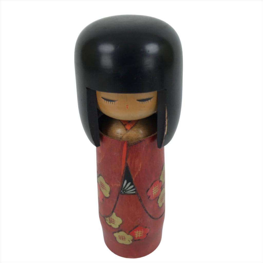 Japanese Wood Kokeshi Doll Figure Vtg Traditional Handmade Toy Red Kimono KF687