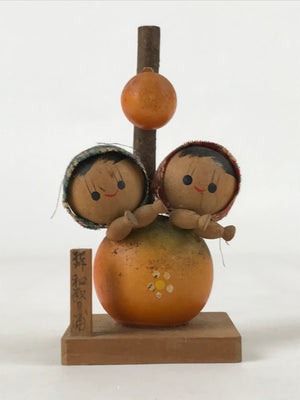 Japanese Wood Kokeshi Doll Orange Two Children Vtg Figurine Folk Art Toy KF665